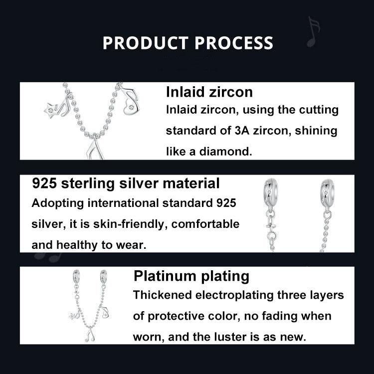 925 Sterling Silver Platinum Plated Note Safety Chain Pendant 4
