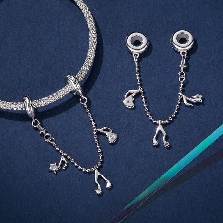 925 Sterling Silver Platinum Plated Note Safety Chain Pendant 5