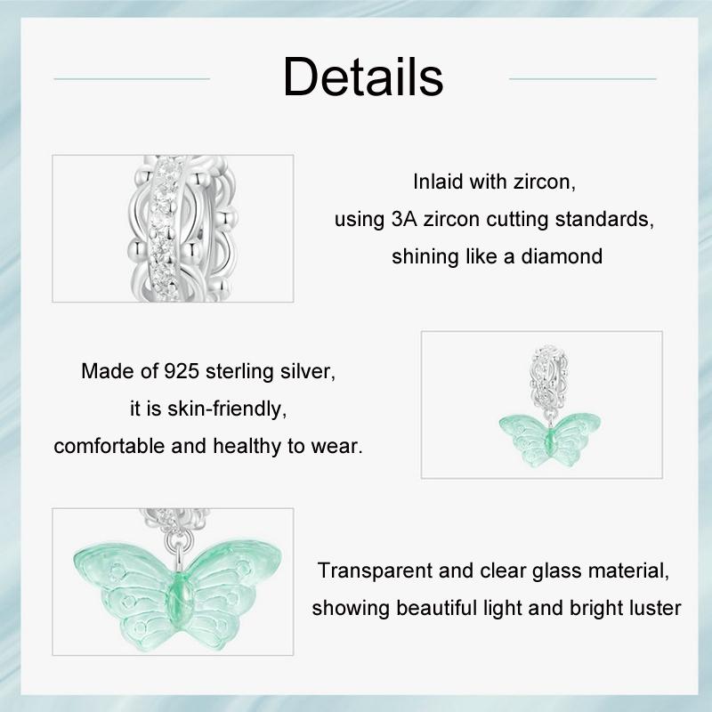 925 Sterling Silver Platinum Plated Zircon Butterfly Glass Pendant 5