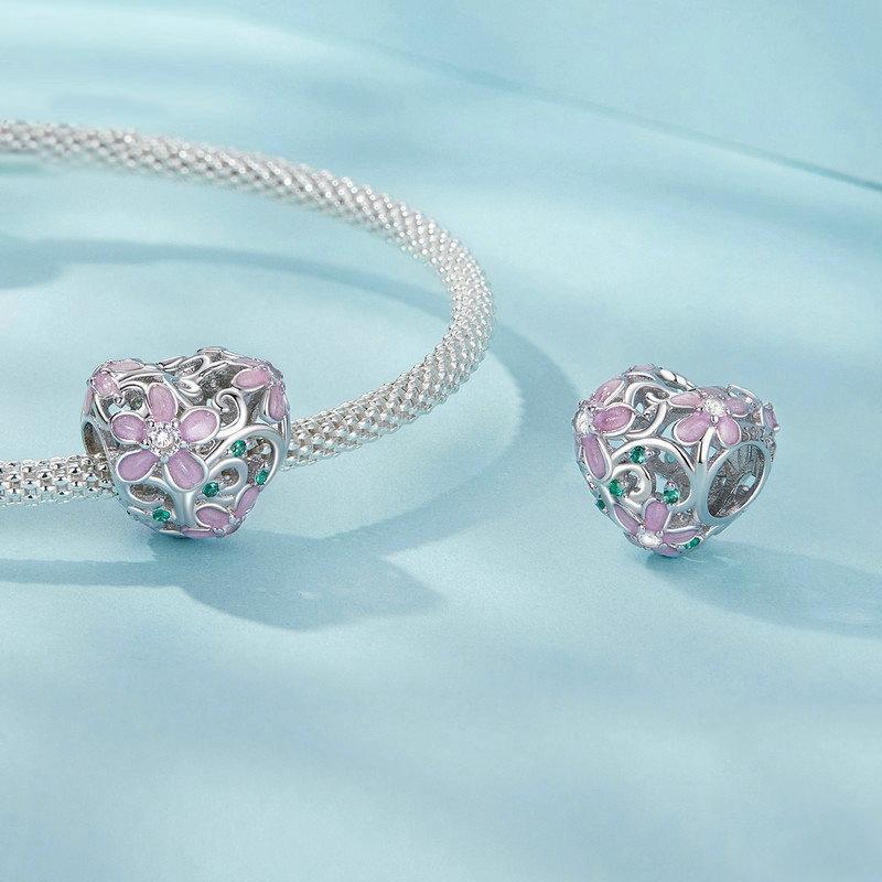 925 Sterling Silver Platinum Plated Zircon Heart Flower Vine Diy Beads 3