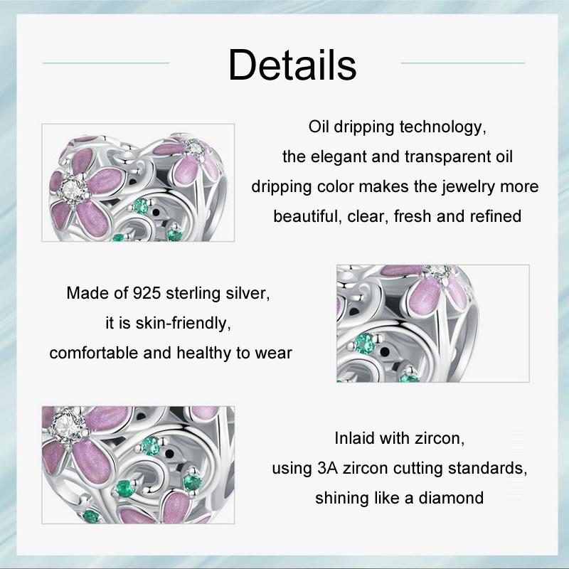 925 Sterling Silver Platinum Plated Zircon Heart Flower Vine Diy Beads 6