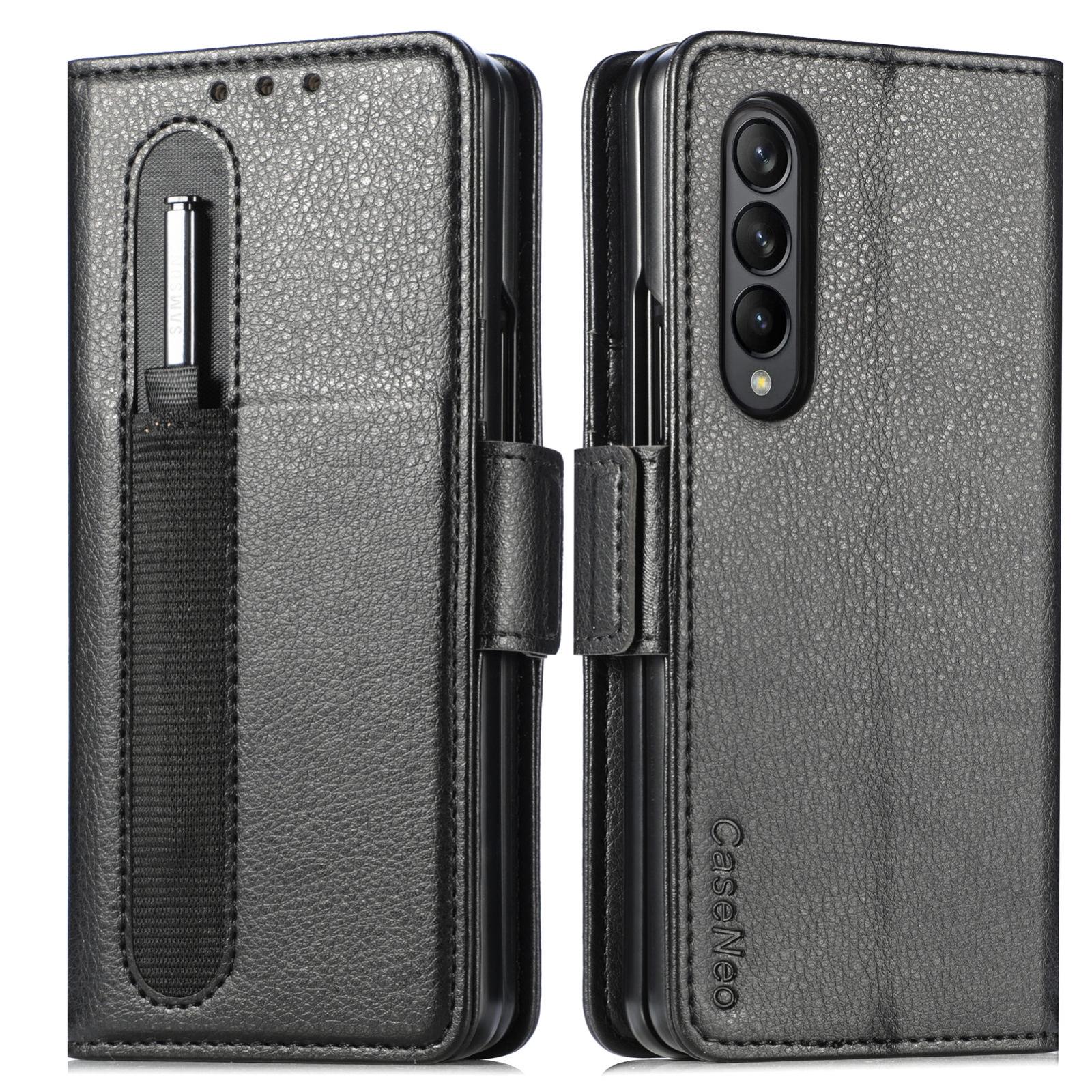 For Samsung Galaxy Z Fold4 5G Litchi Pattern Case With Pen And Card Slots - 4 - Black
