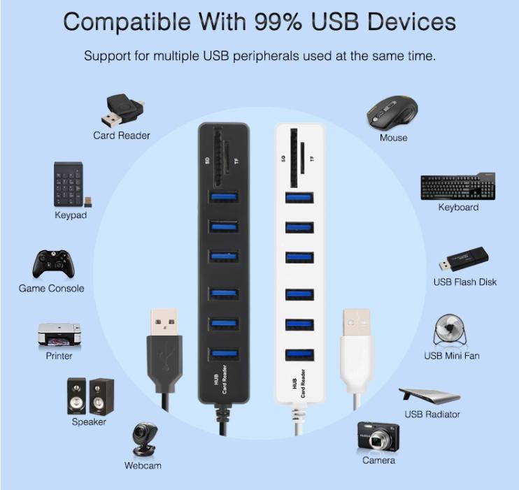 6-Port Usb Hub With Tf / Sd Card Reader High Speed - Black 5