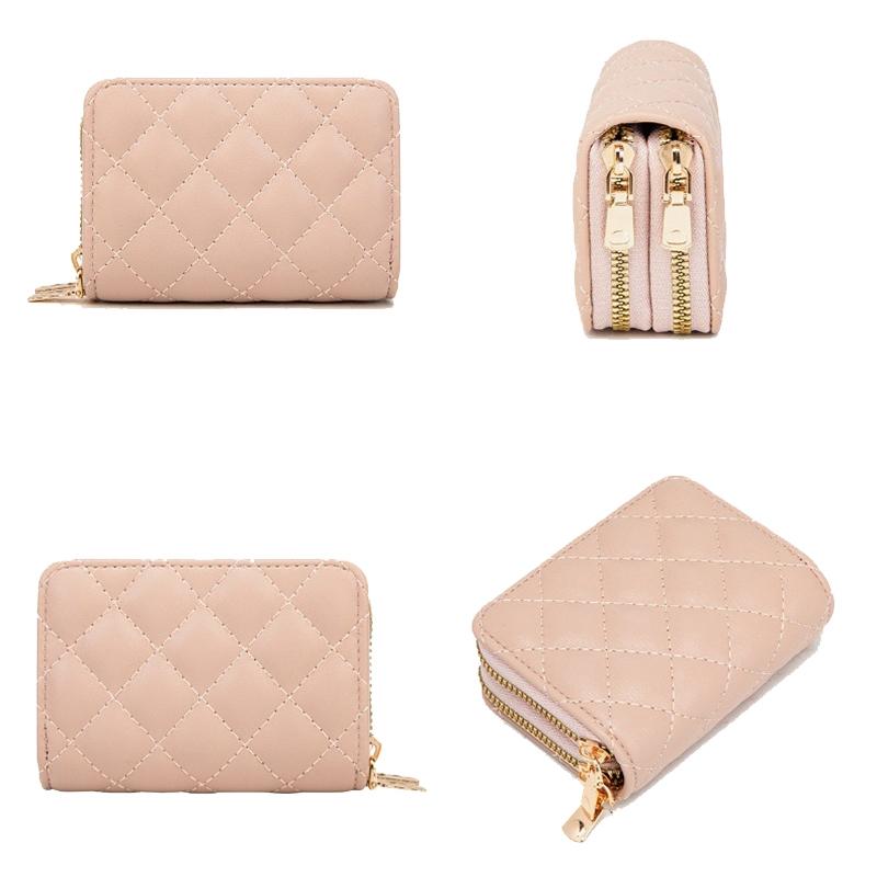 Double Layer Zipper Wallet Multi Card Slot Large Capacity Rhombus Design - Beige 5