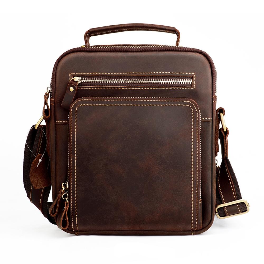 Men Crazy Horse Leather Crossbody Bag Durable & Stylish - Coffee