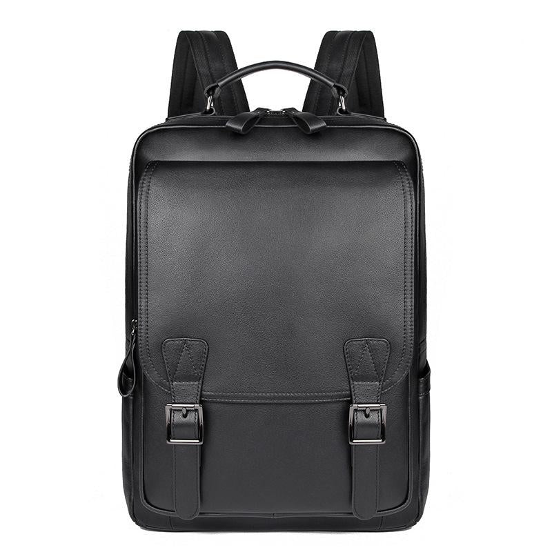 Men Black Cowhide Leather Backpack for Casual Business with Laptop Compartment