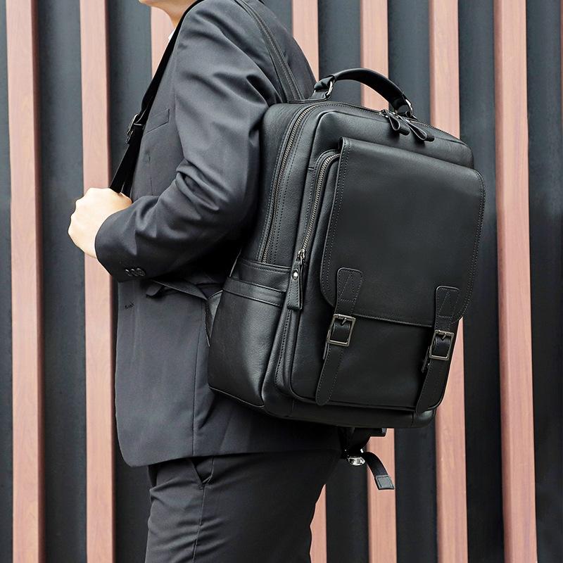 Men Black Cowhide Leather Backpack for Casual Business with Laptop Compartment 8