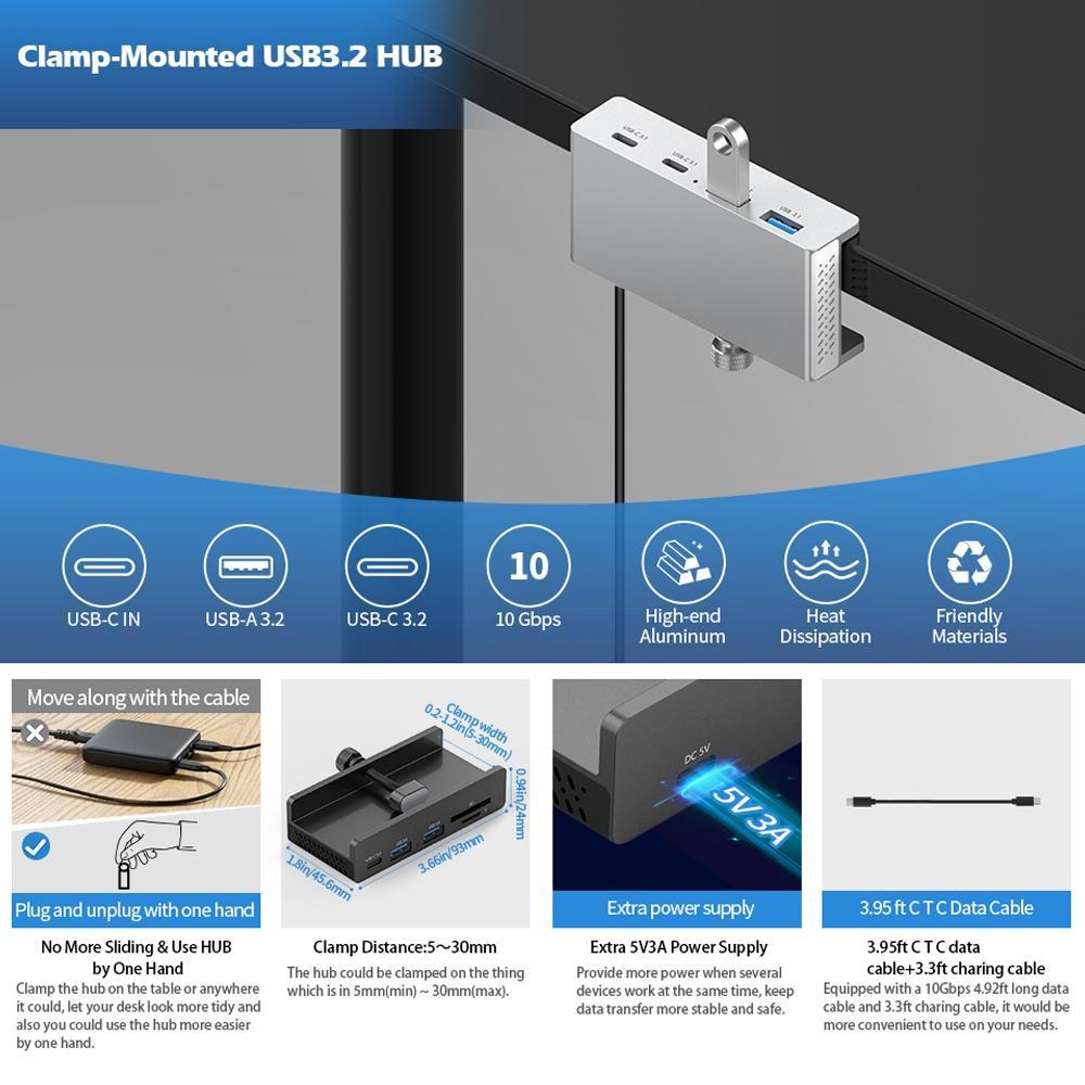 4-Port Usb3.0 Clamp Hub In Aluminum Alloy Black 3