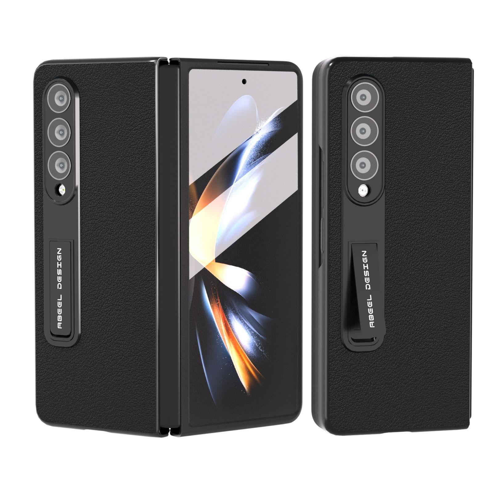 For Samsung Galaxy Z Fold4 5G Leather Phone Case With Holder - Wave Design - Black