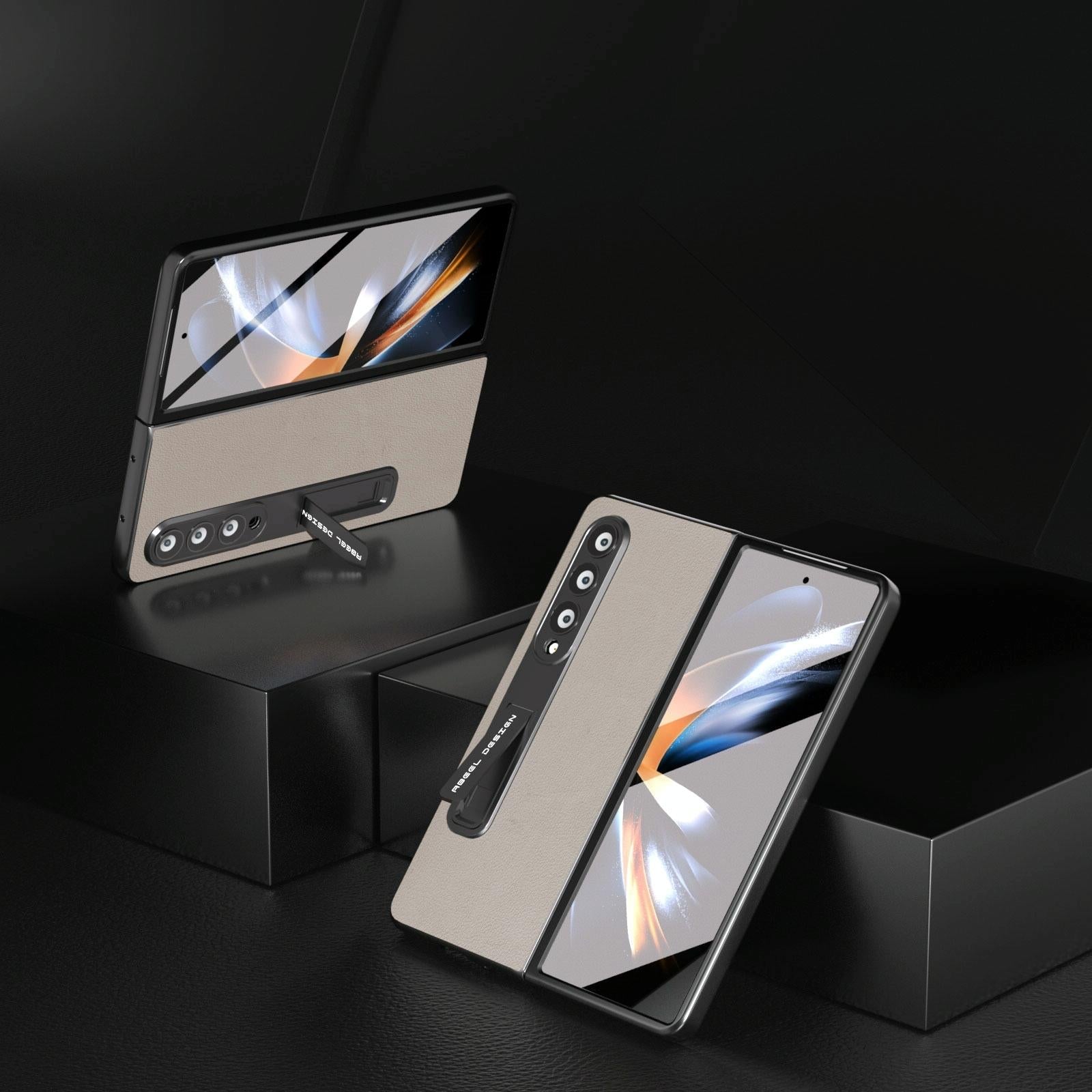 For Samsung Galaxy Z Fold4 5G Leather Phone Case With Holder - Wave Design - Black 4