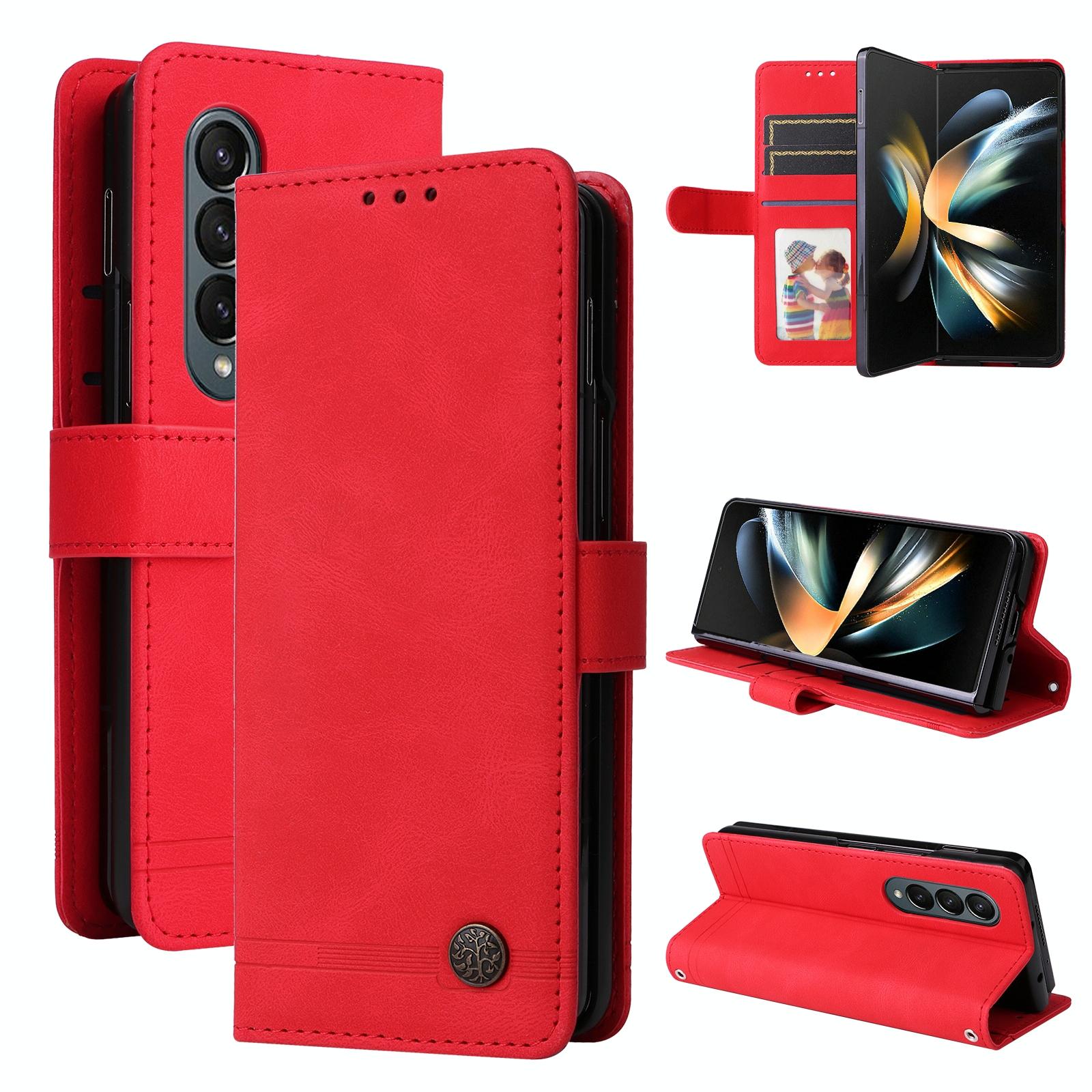 For Samsung Galaxy Z Fold4 5G Metal Button Leather Case - Tree Design - Red