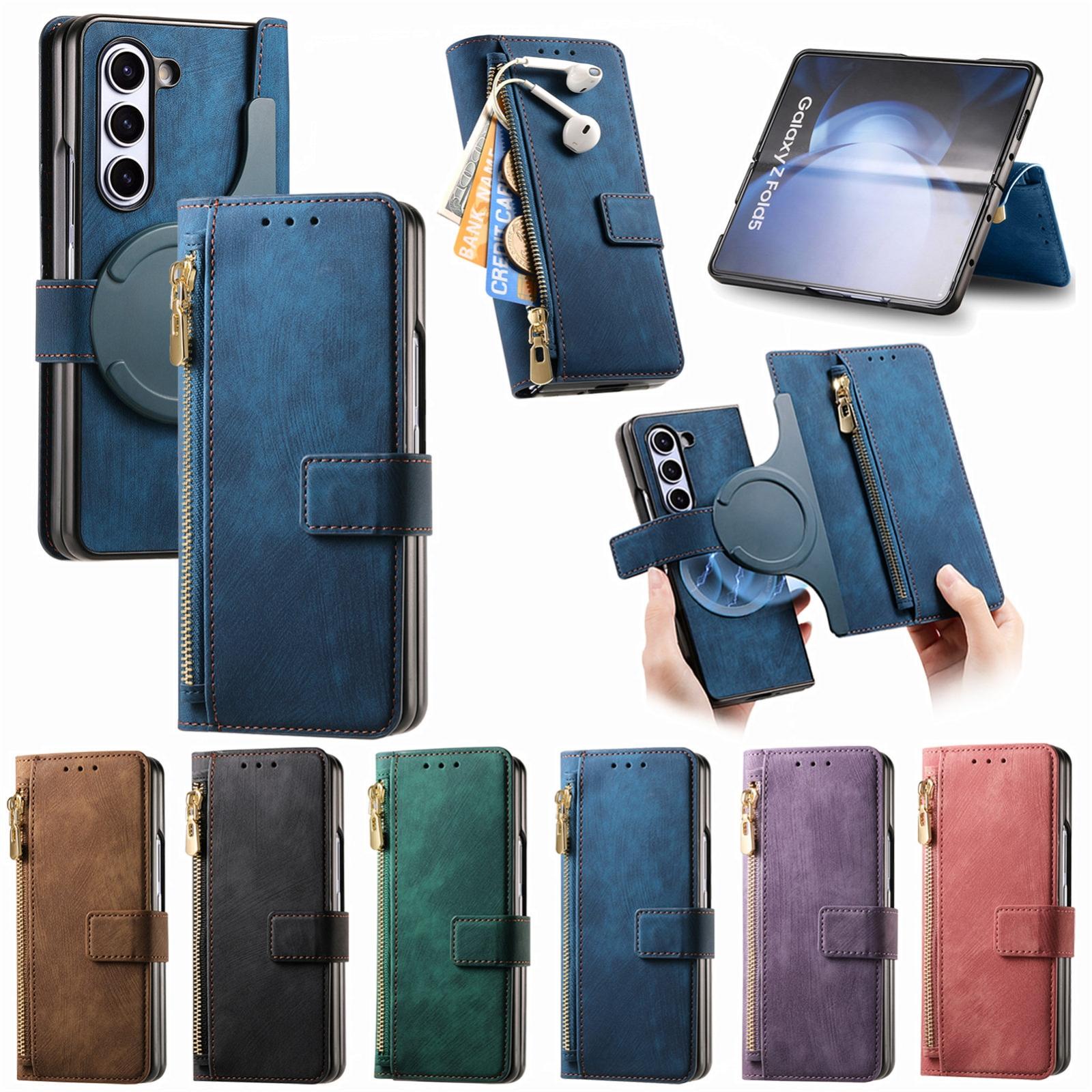 For Samsung Galaxy Z Fold4 5G Vintage Magnetic Wallet Case - Zipper Closure - Black 8