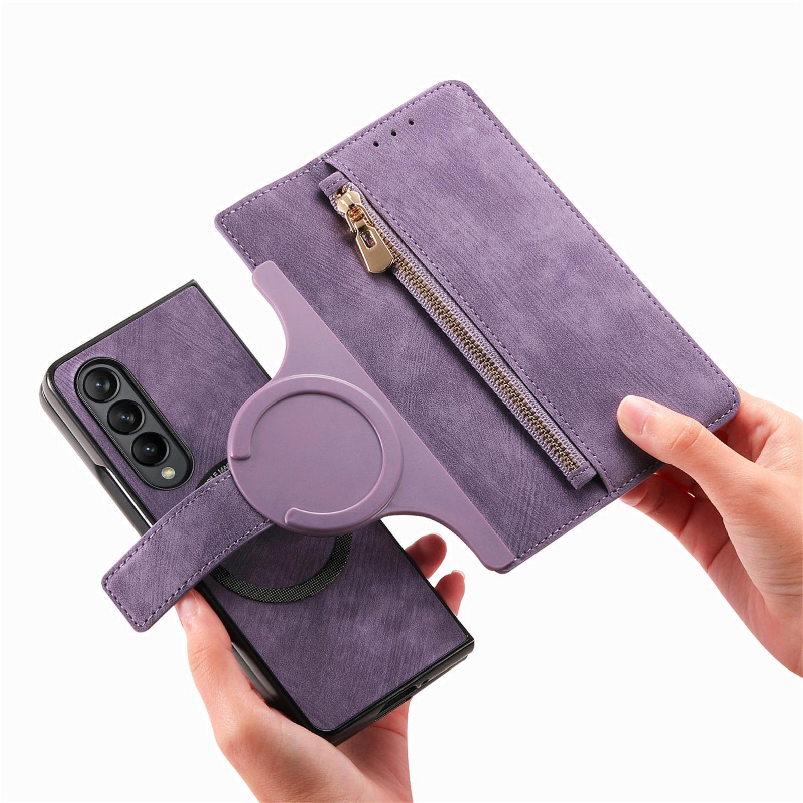 For Samsung Galaxy Z Fold4 5G Vintage Magnetic Wallet Case - Zipper Closure - Black 14