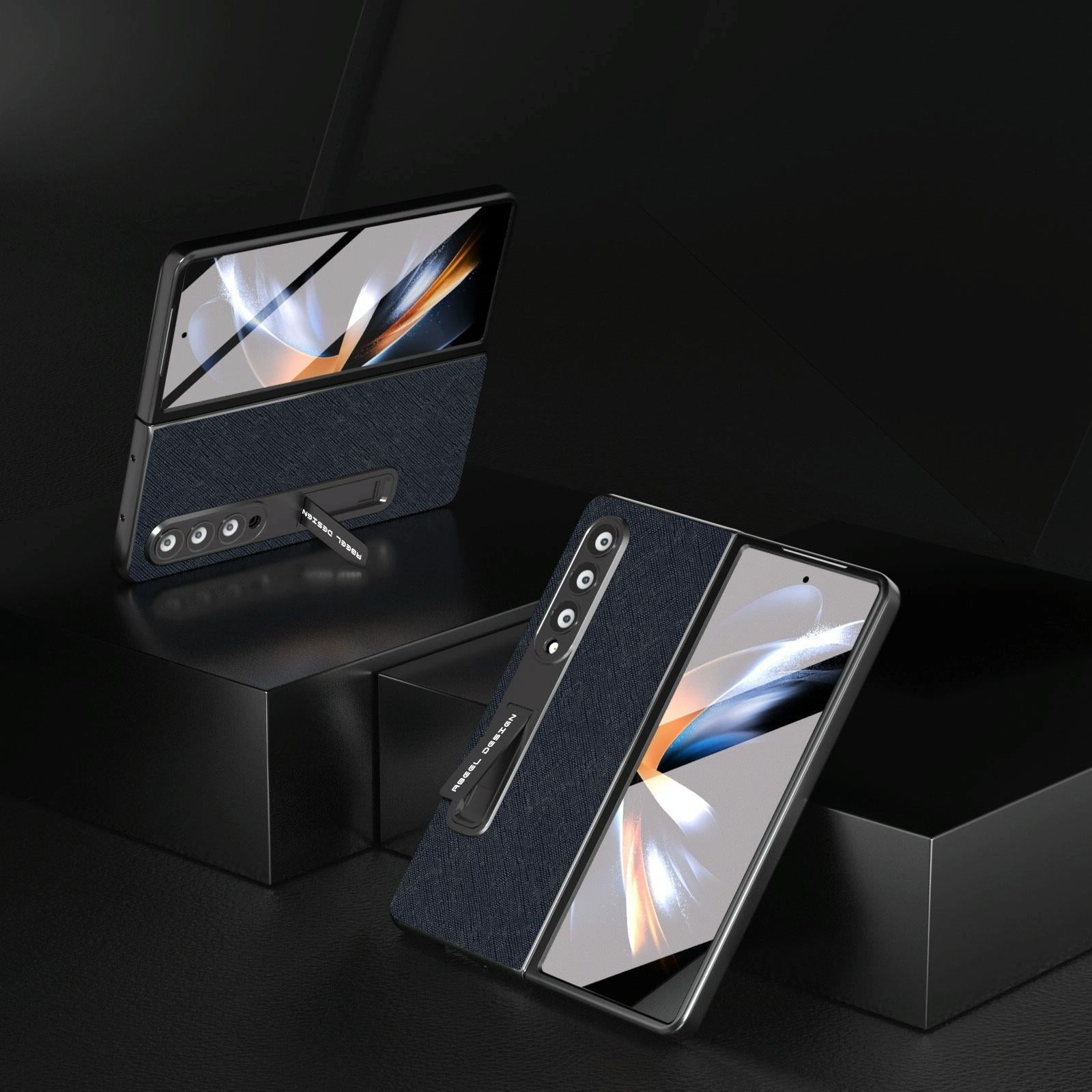 For Samsung Galaxy Z Fold4 5G Cross Texture Leather Phone Case With Holder - Black 3