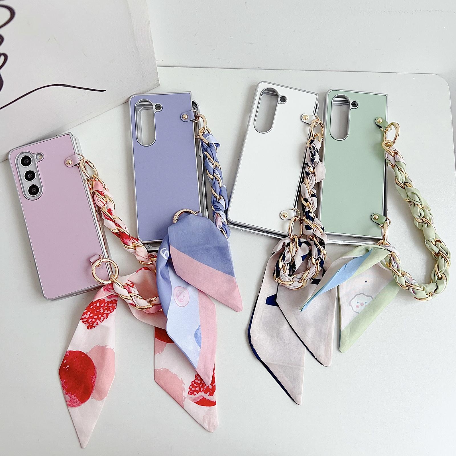 For Samsung Galaxy Z Fold4 5G Leather Phone Case With Metallic Paint And Scarf Bracelet - Pink 7