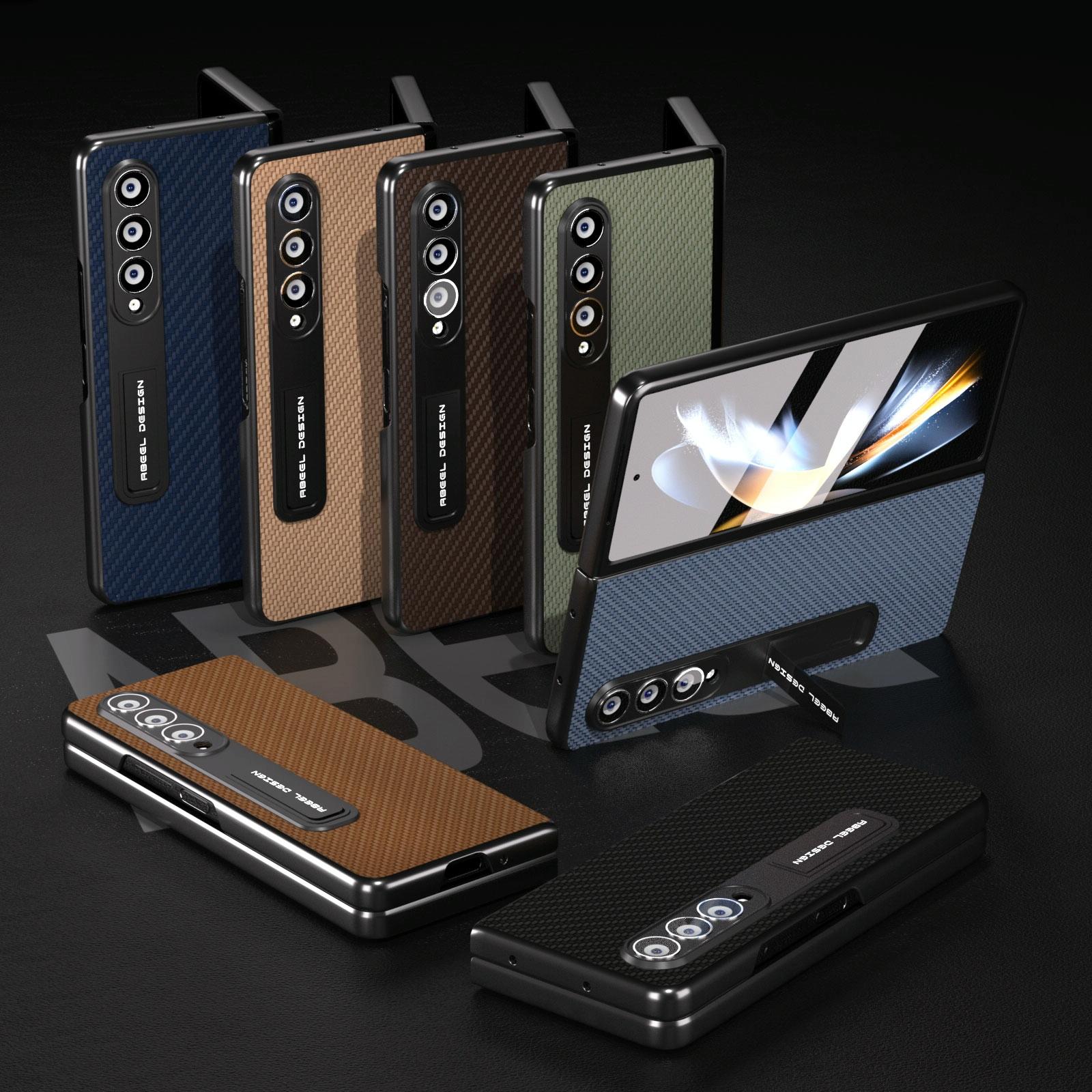 For Samsung Galaxy Z Fold4 5G Carbon Fiber Phone Case With Holder - Brown 10