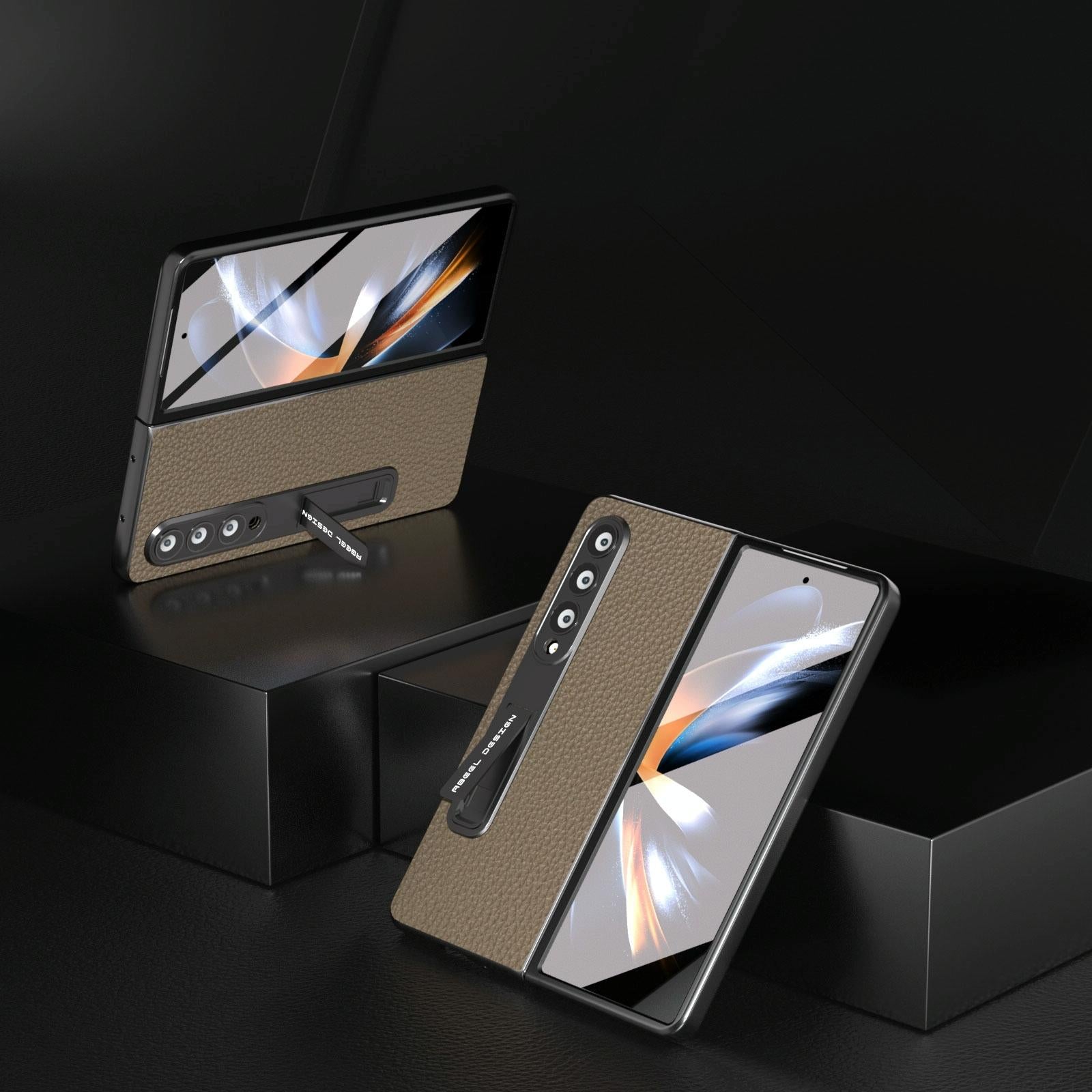 For Samsung Galaxy Z Fold4 5G Leather Phone Case With Holder - Litchi Texture - Black 14
