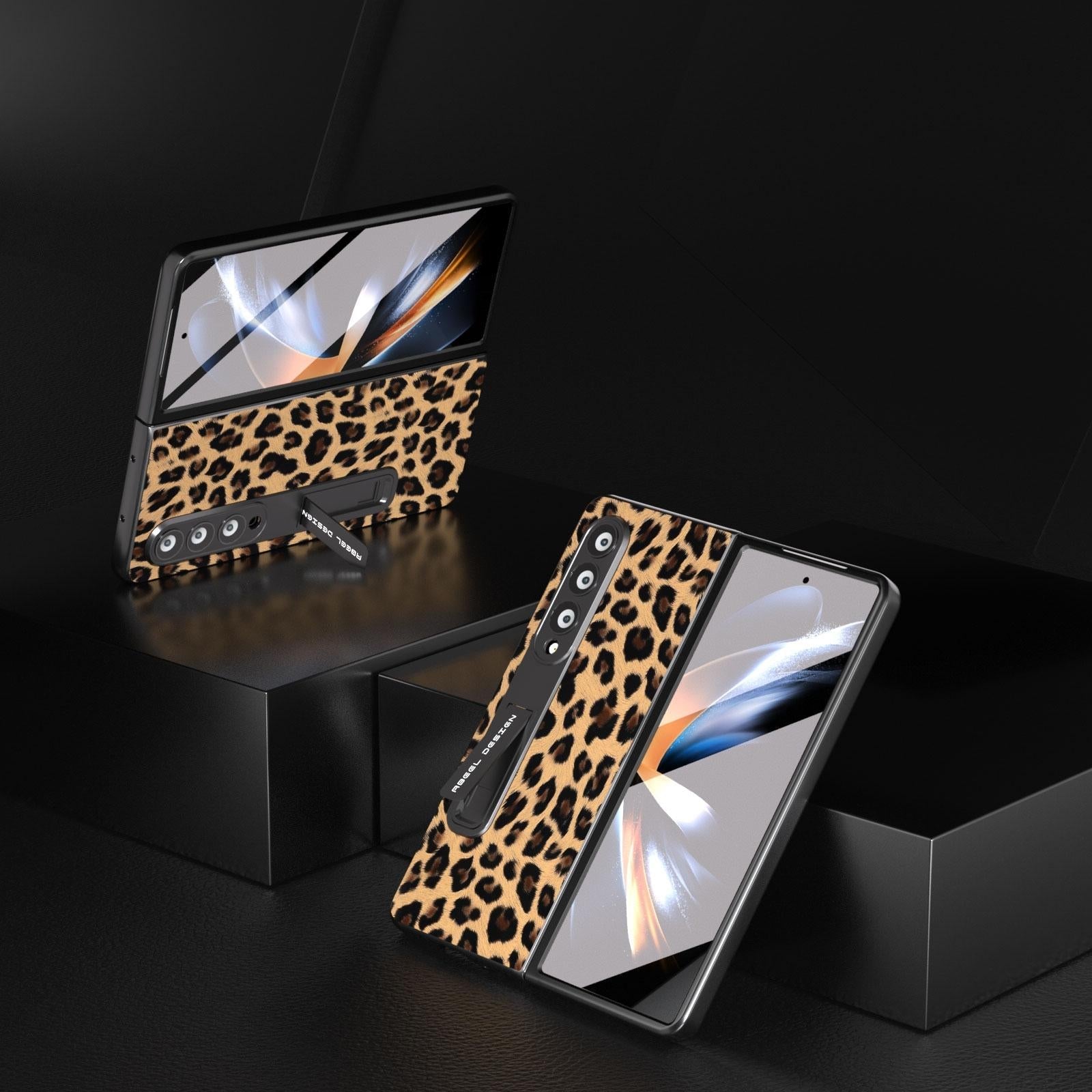 For Samsung Galaxy Z Fold4 5G Leopard Print Phone Case With Holder - Gold 3