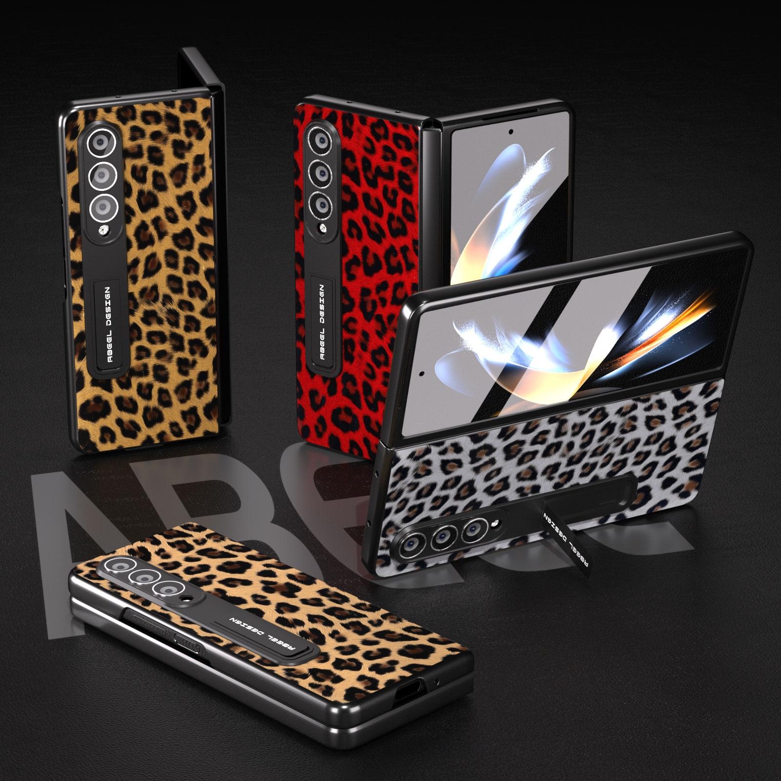 For Samsung Galaxy Z Fold4 5G Leopard Print Phone Case With Holder - Gold 6