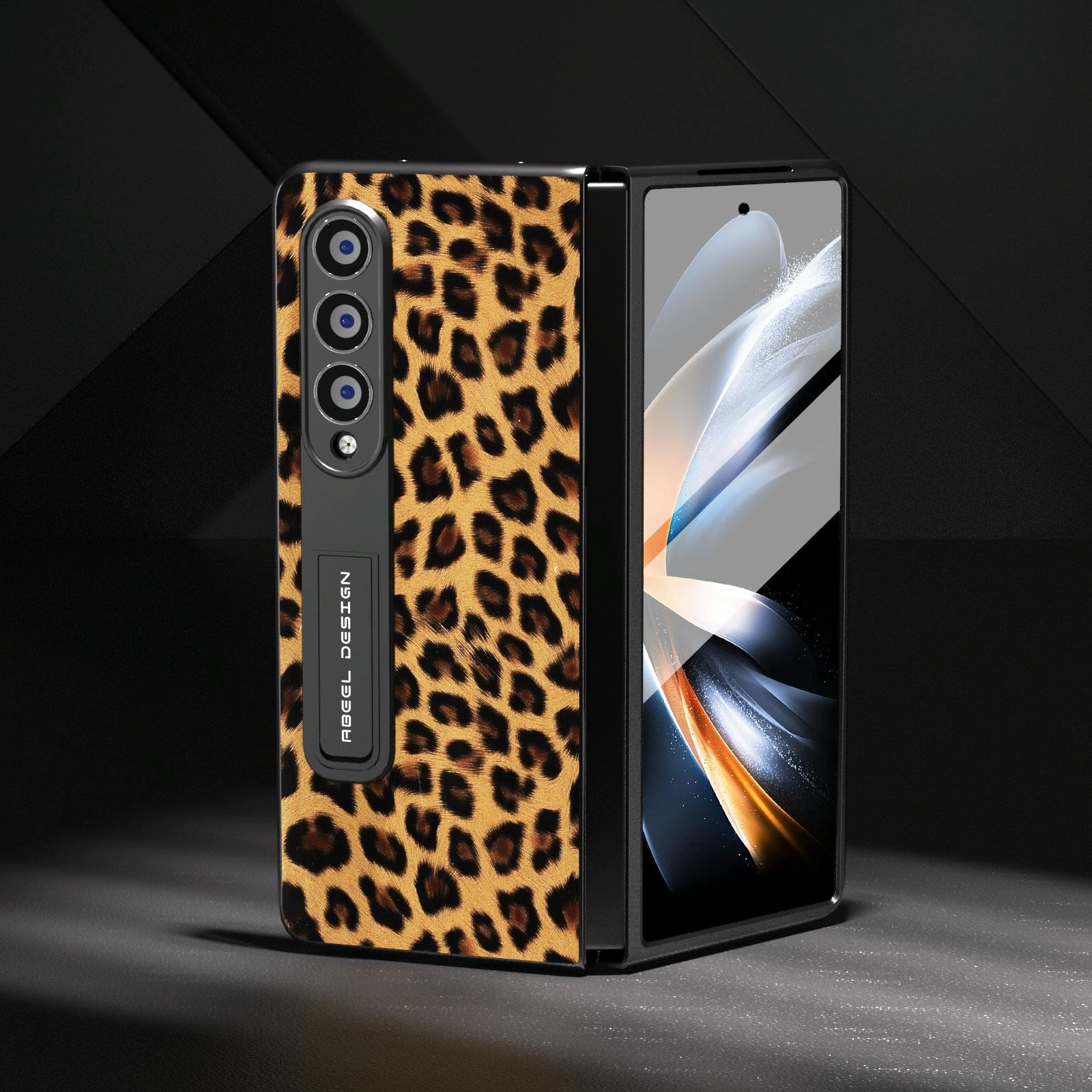 For Samsung Galaxy Z Fold4 5G Leopard Print Phone Case With Holder - Gold 12