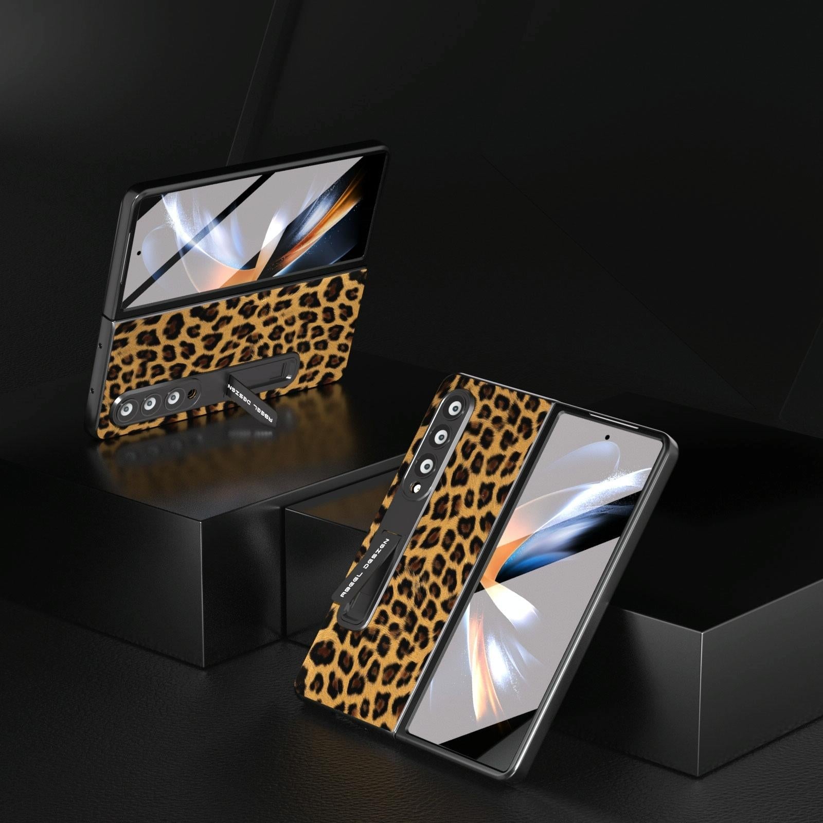 For Samsung Galaxy Z Fold4 5G Leopard Print Phone Case With Holder - Gold 13