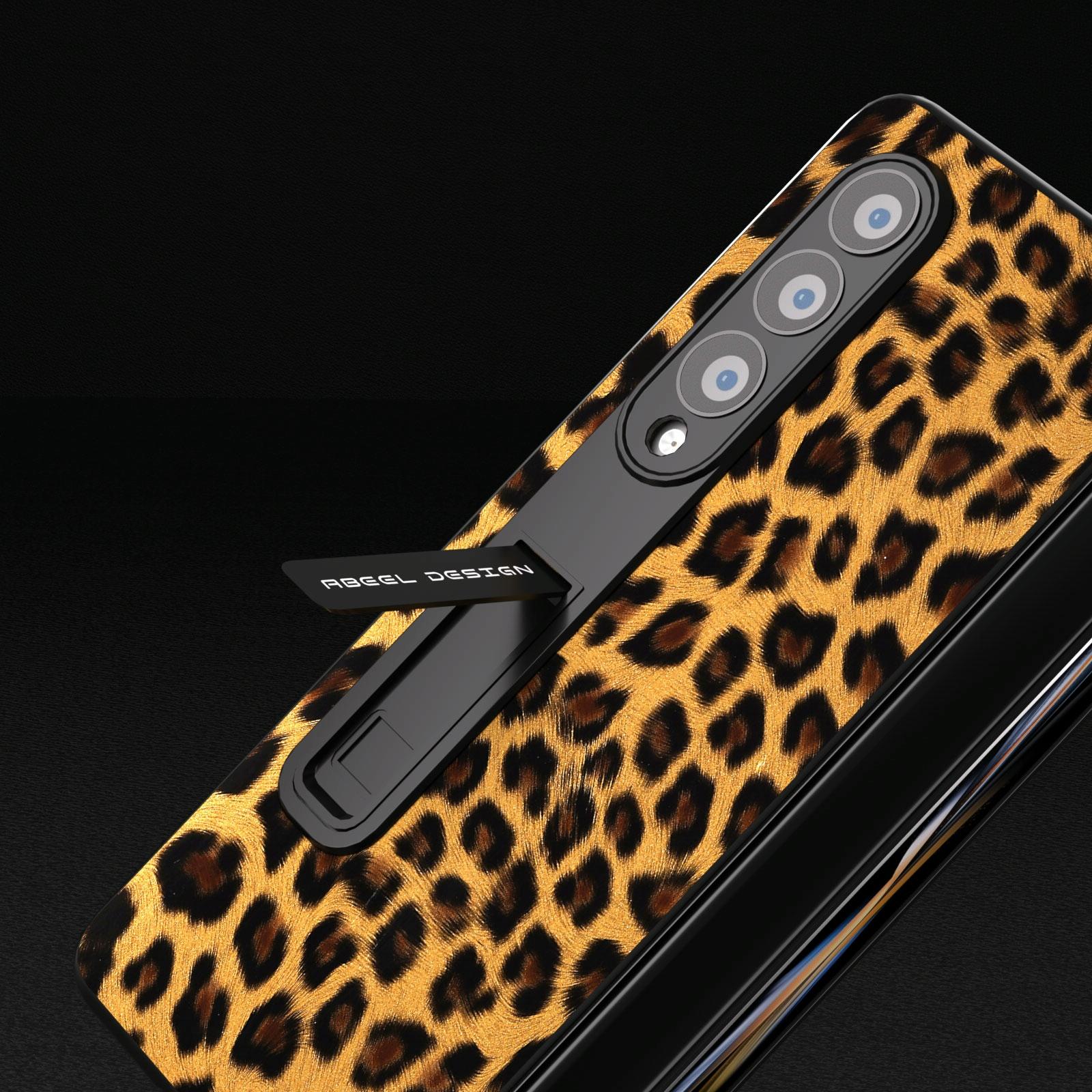 For Samsung Galaxy Z Fold4 5G Leopard Print Phone Case With Holder - Gold 14