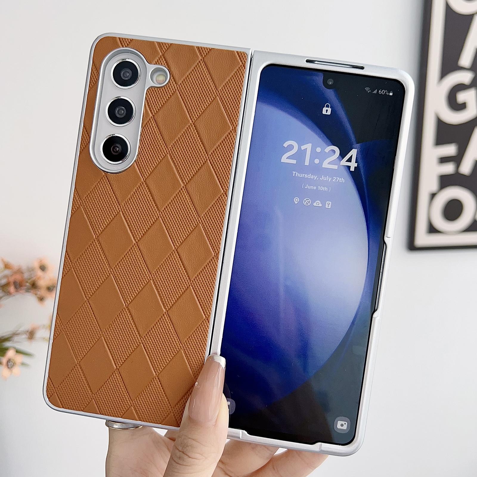 For Samsung Galaxy Z Fold4 5G Checkered Leather Phone Case With Pearlescent Finish - Brown 3