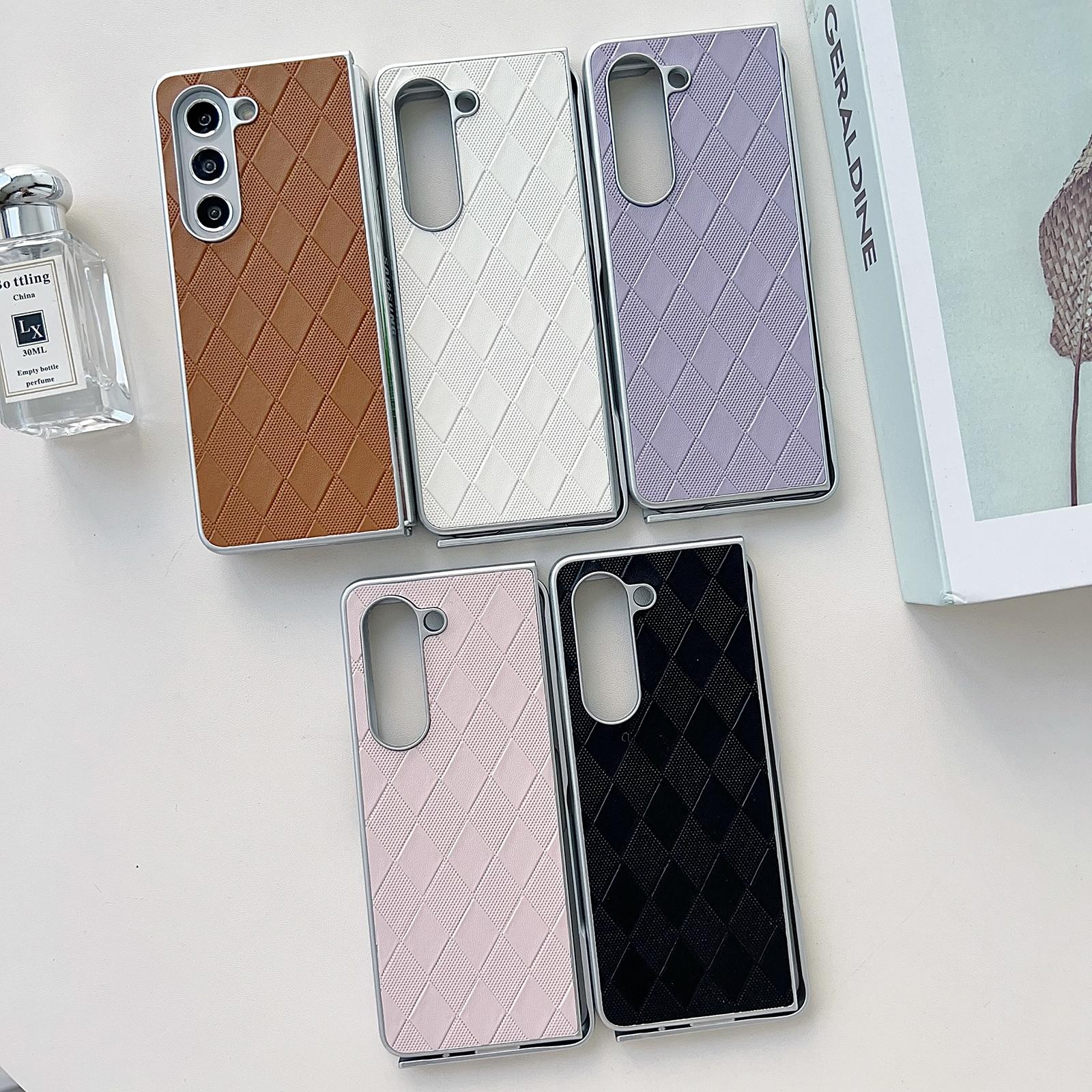 For Samsung Galaxy Z Fold4 5G Checkered Leather Phone Case With Pearlescent Finish - Brown 13