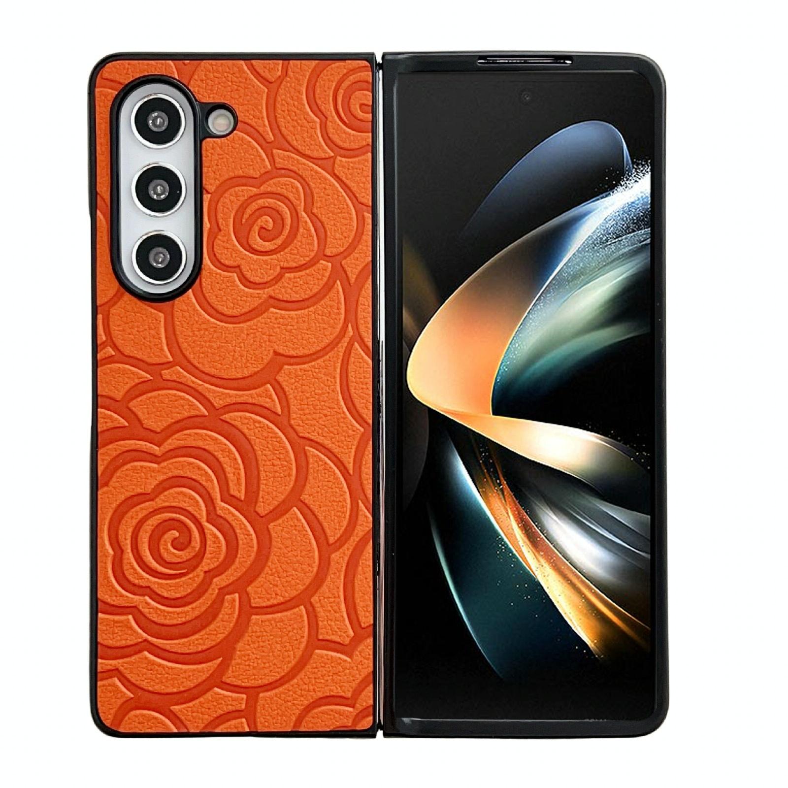 For Samsung Galaxy Z Fold4 5G Floral Print Protective Phone Case - Orange 8