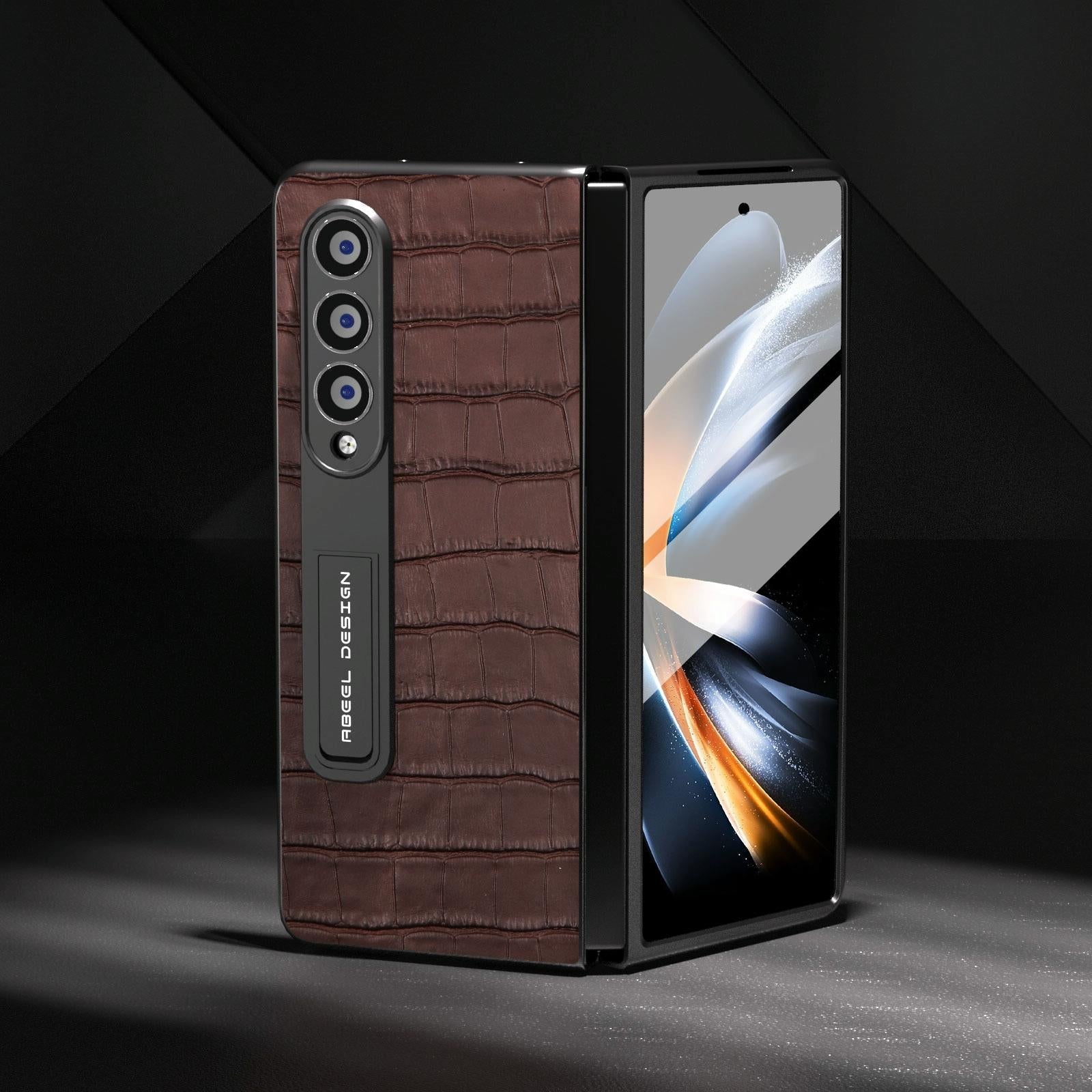 For Samsung Galaxy Z Fold4 5G Premium Leather Phone Case - Crocodile Texture - Brown 8
