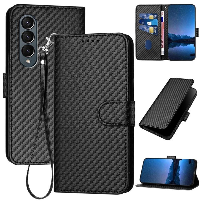 For Samsung Galaxy Z Fold4 5G Carbon Fiber Leather Phone Case With Lanyard - Red 4