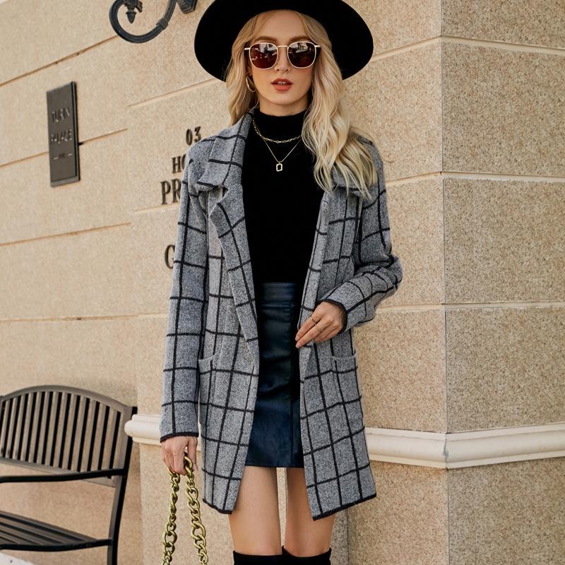 Autumn And Winter Long Sweater Collision Colour Knitted Cardigan Trench Coat - Light Grey - L 11