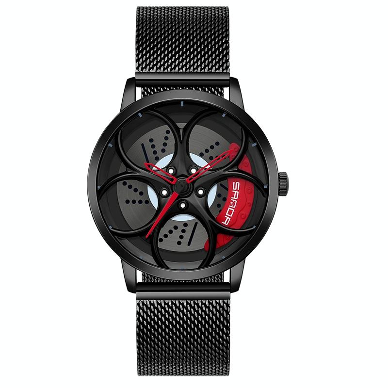 Men Mesh Belt Quartz Watch with 3d Oval Hollow out Wheel - Black Red