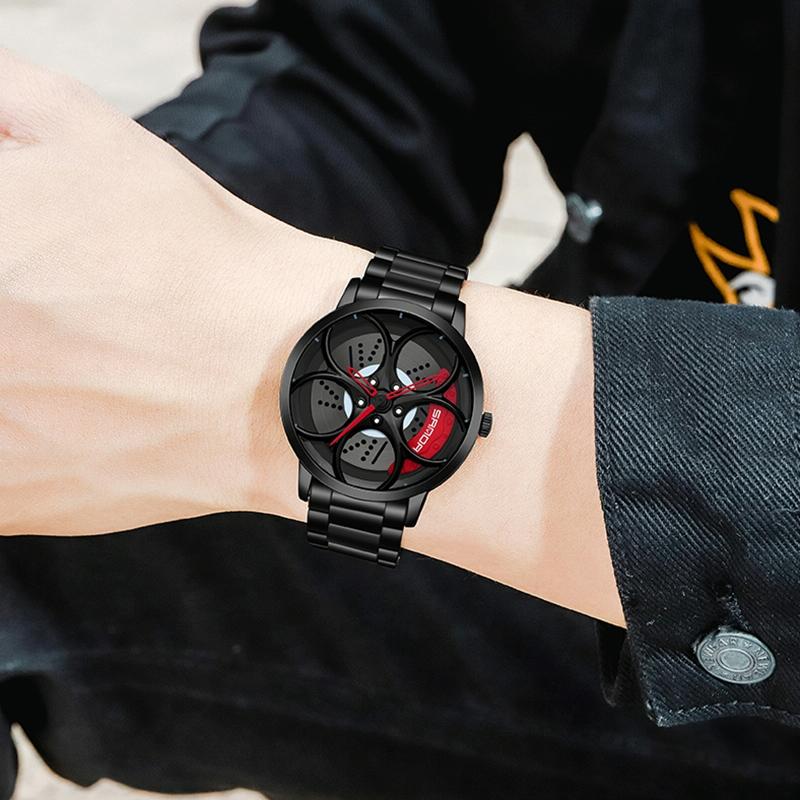 Men Mesh Belt Quartz Watch with 3d Oval Hollow out Wheel - Black Red 6