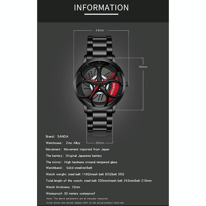 Men Mesh Belt Quartz Watch with 3d Oval Hollow out Wheel - Black Red 8