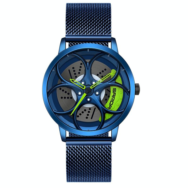 Men Mesh Belt Quartz Watch with 3d Oval Hollow out Wheel - Black Red 11