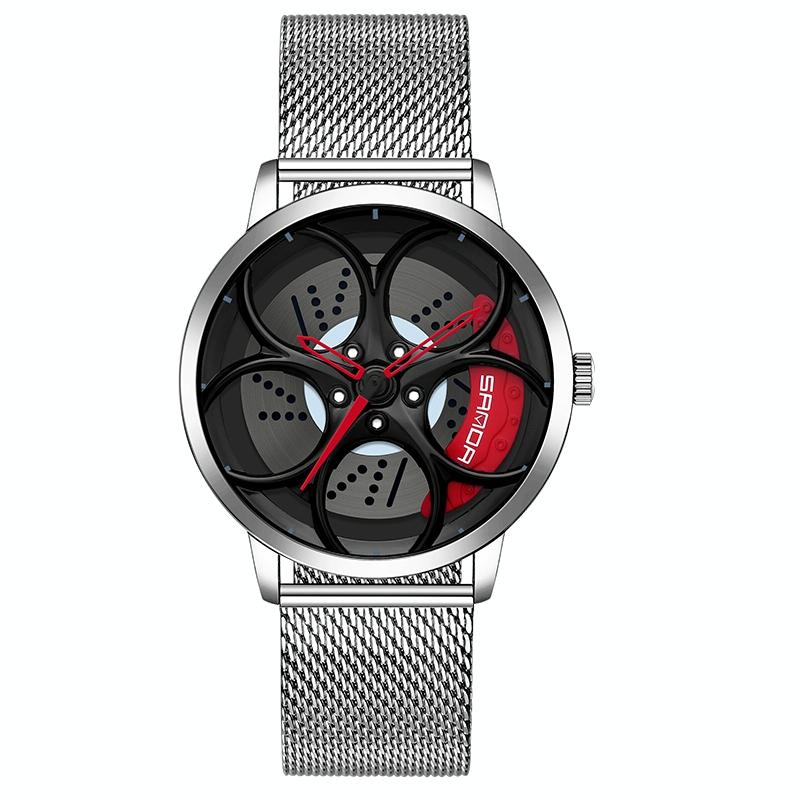 Men Mesh Belt Quartz Watch with 3d Oval Hollow out Wheel - Black Red 12