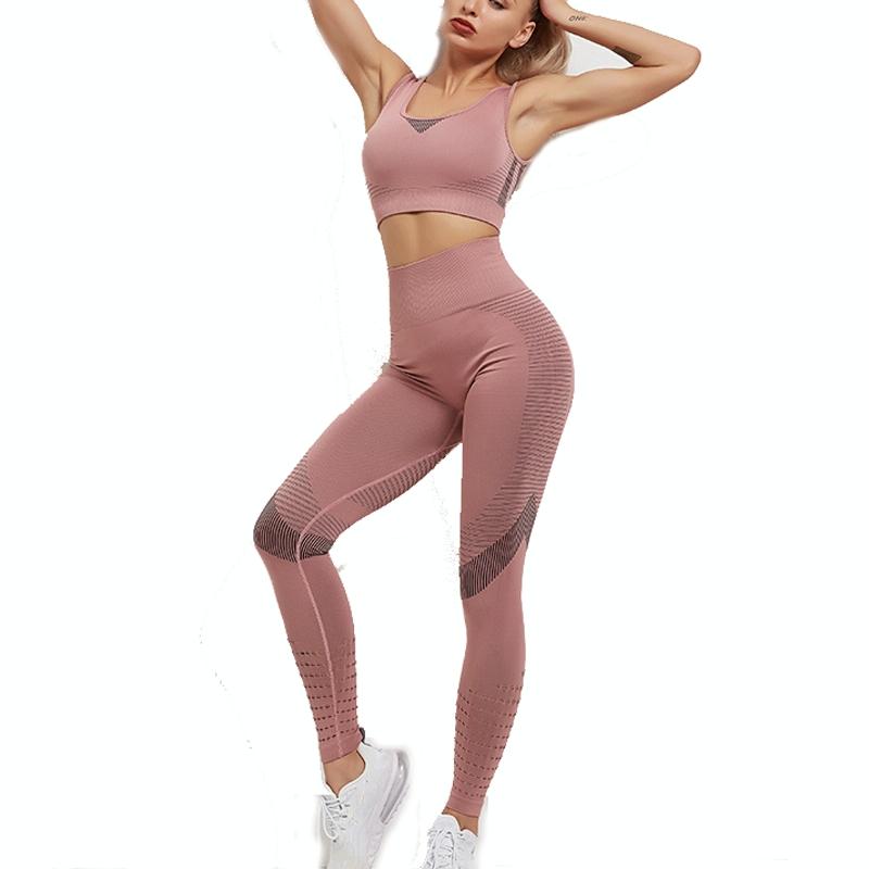 Yoga Fitness Set Women Sports Bra & Leggings Size L - Pink - L