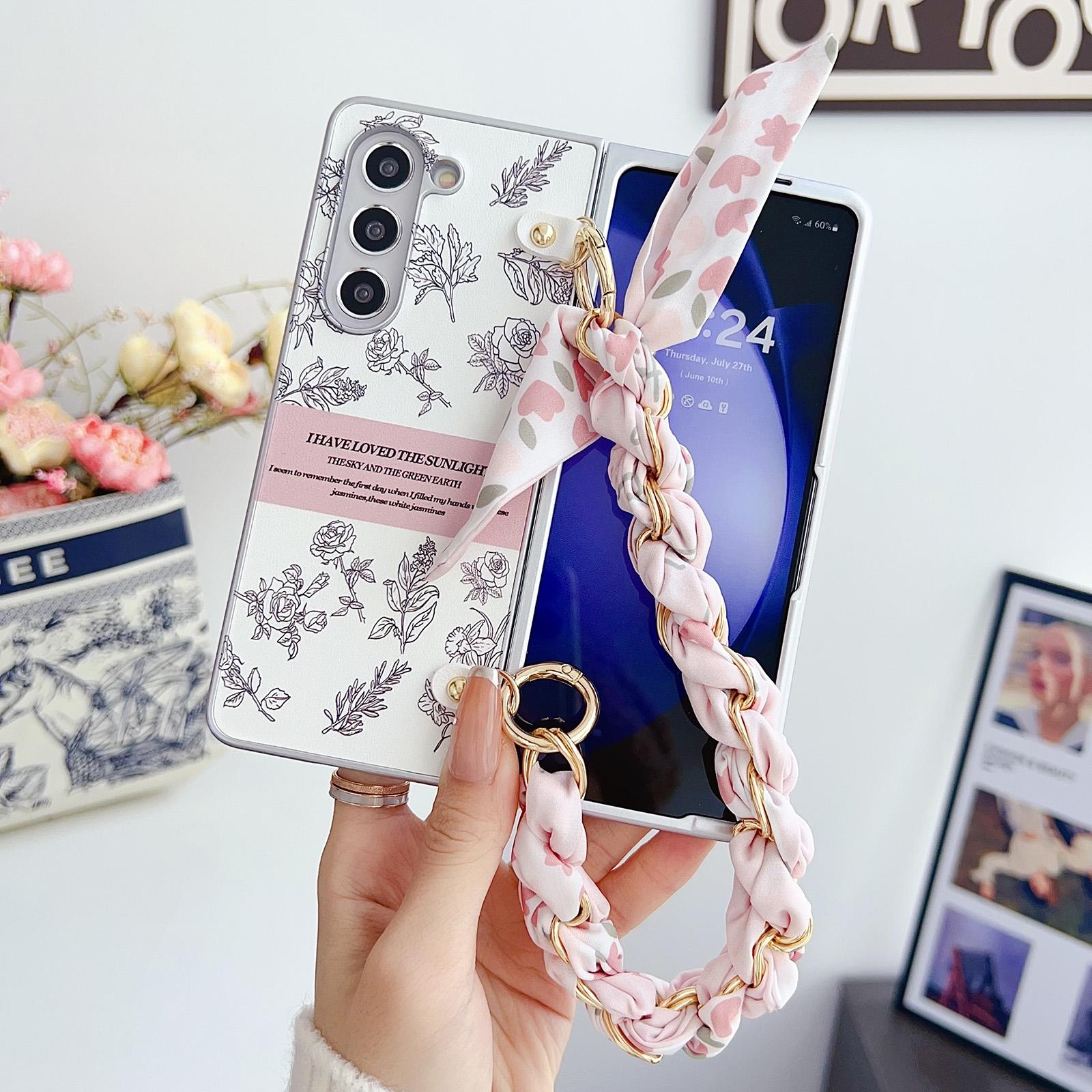 For Samsung Galaxy Z Fold4 5G Pearlescent Paint Pc Case With Diy Scarf Bracelet - Fold 4 3