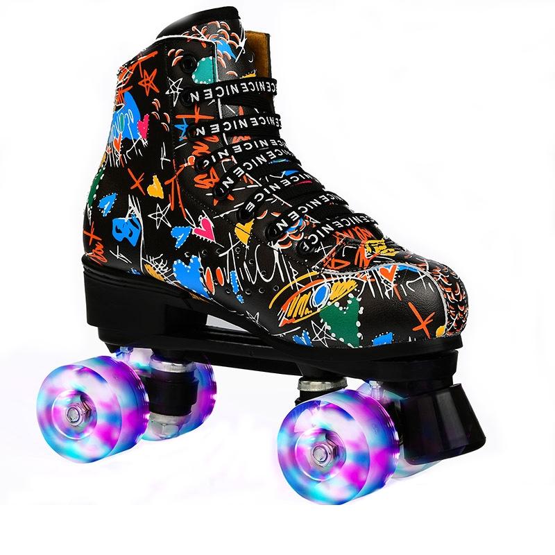 Double Row Four-wheel Roller Skating Shoes for Adult Children - Size 37 - Flash Wheel White 9