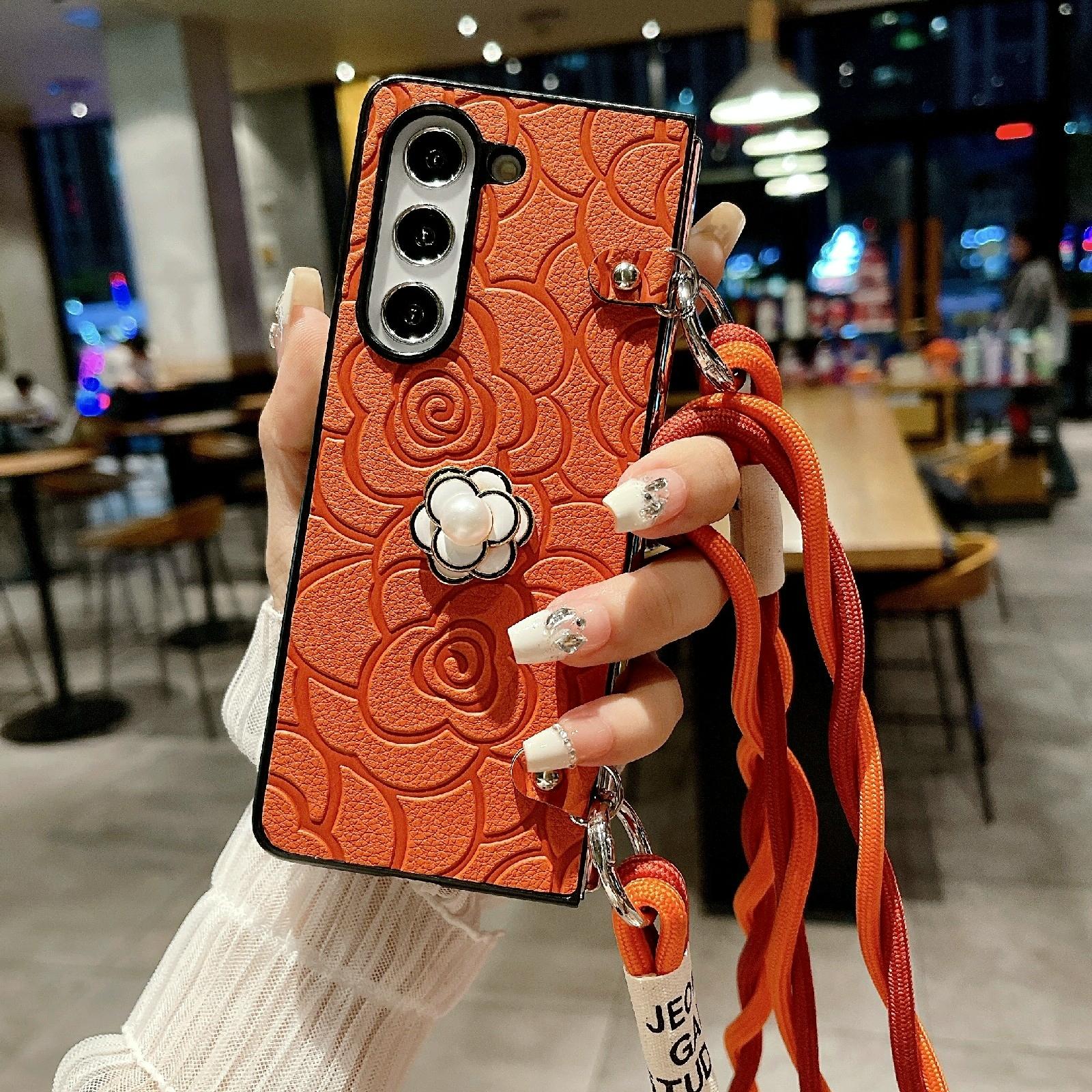 For Samsung Galaxy Z Fold4 5G Camellia Pattern Phone Case With Lanyard - White 3