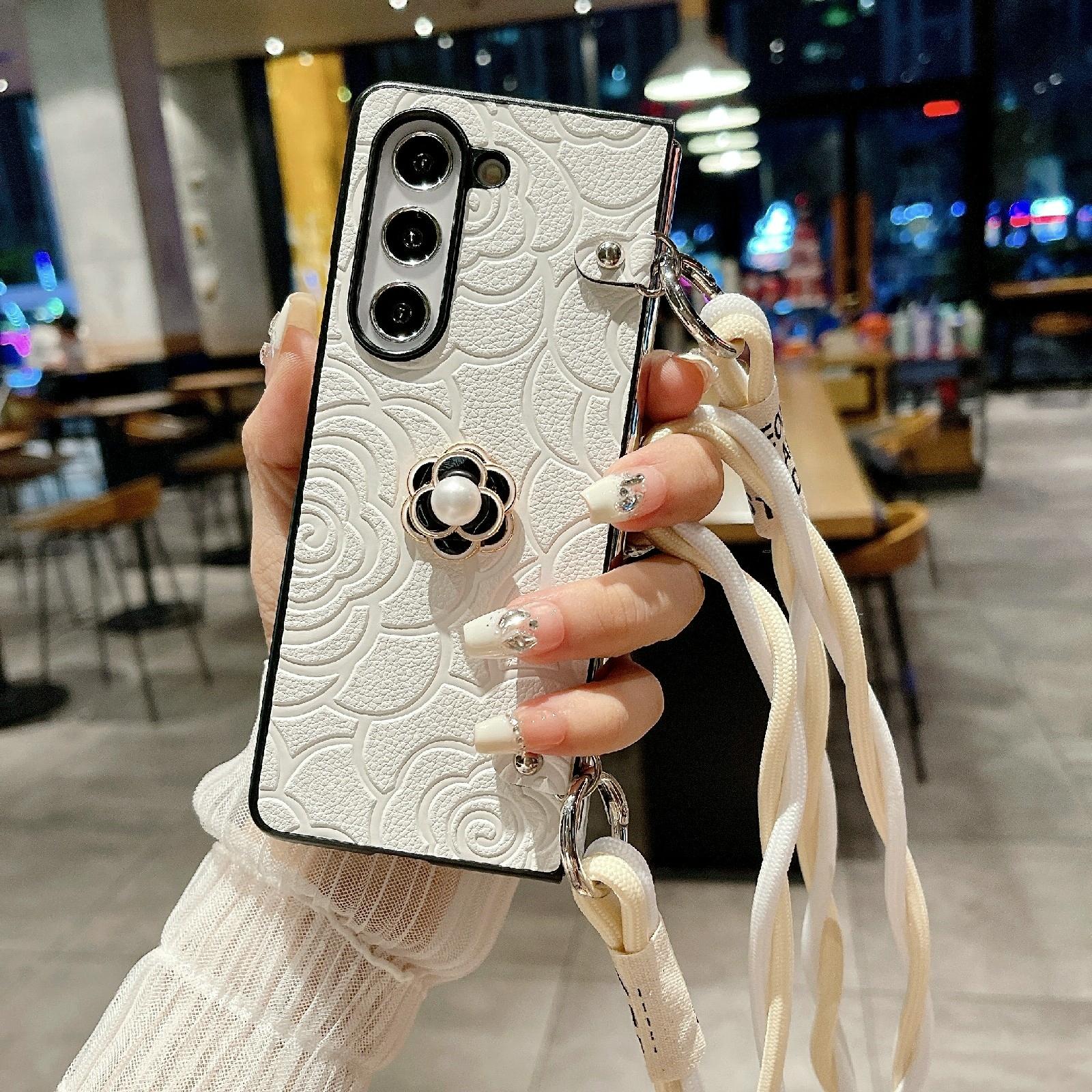 For Samsung Galaxy Z Fold4 5G Camellia Pattern Phone Case With Lanyard - White 8