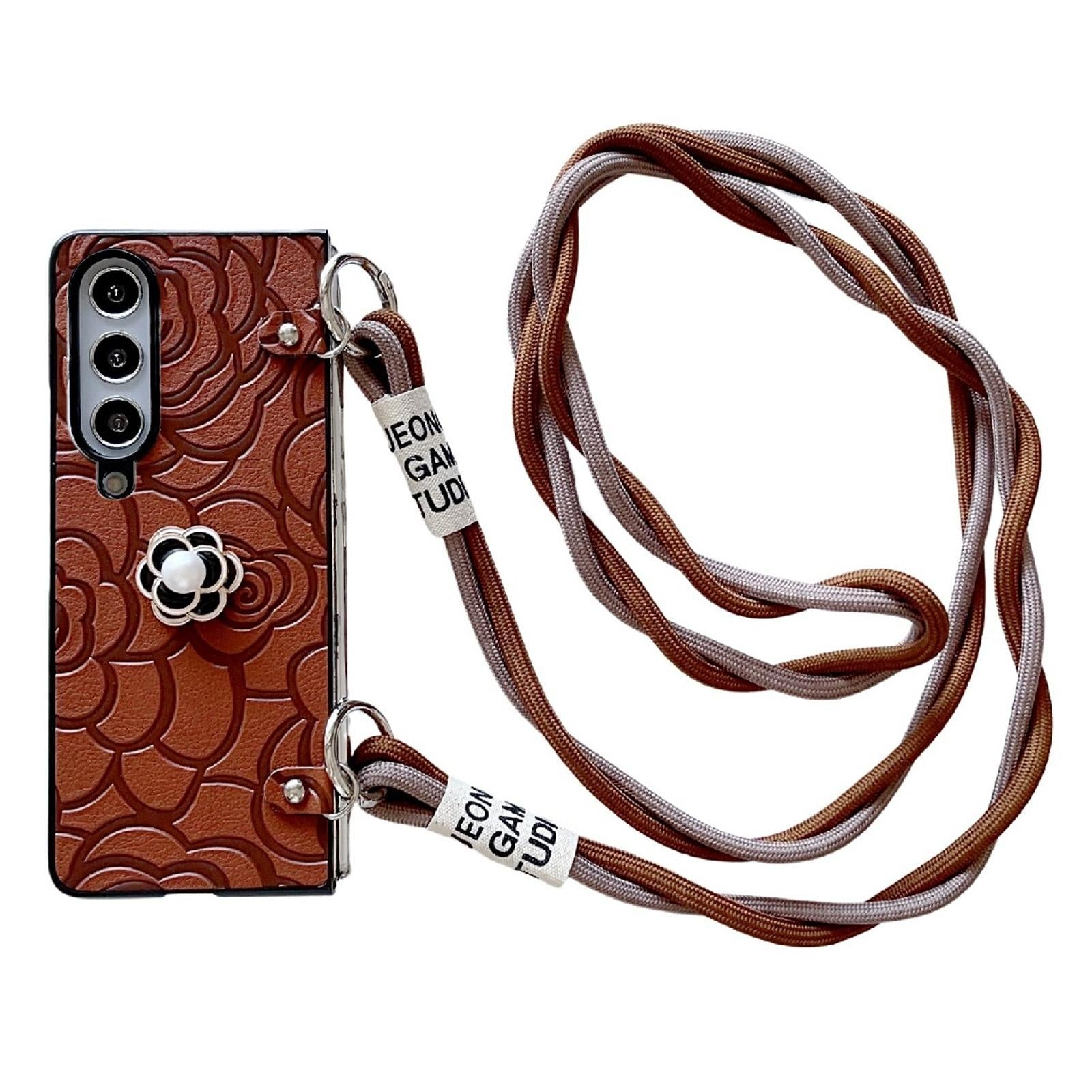 For Samsung Galaxy Z Fold4 5G Camellia Pattern Phone Case With Lanyard - White 13