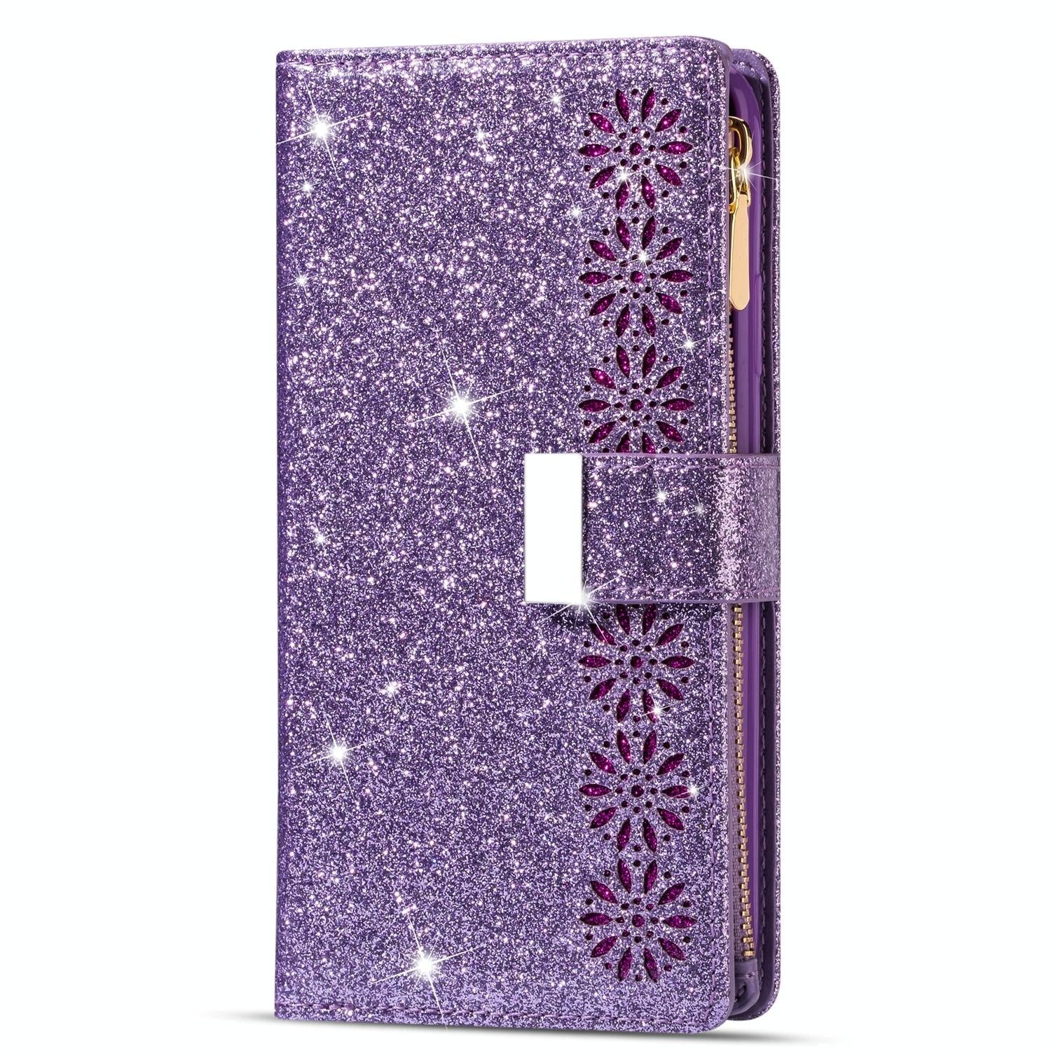 For Samsung Galaxy Z Fold4 5G Sparkling Leather Zip Case - Zipper Closure - Sky Blue 8