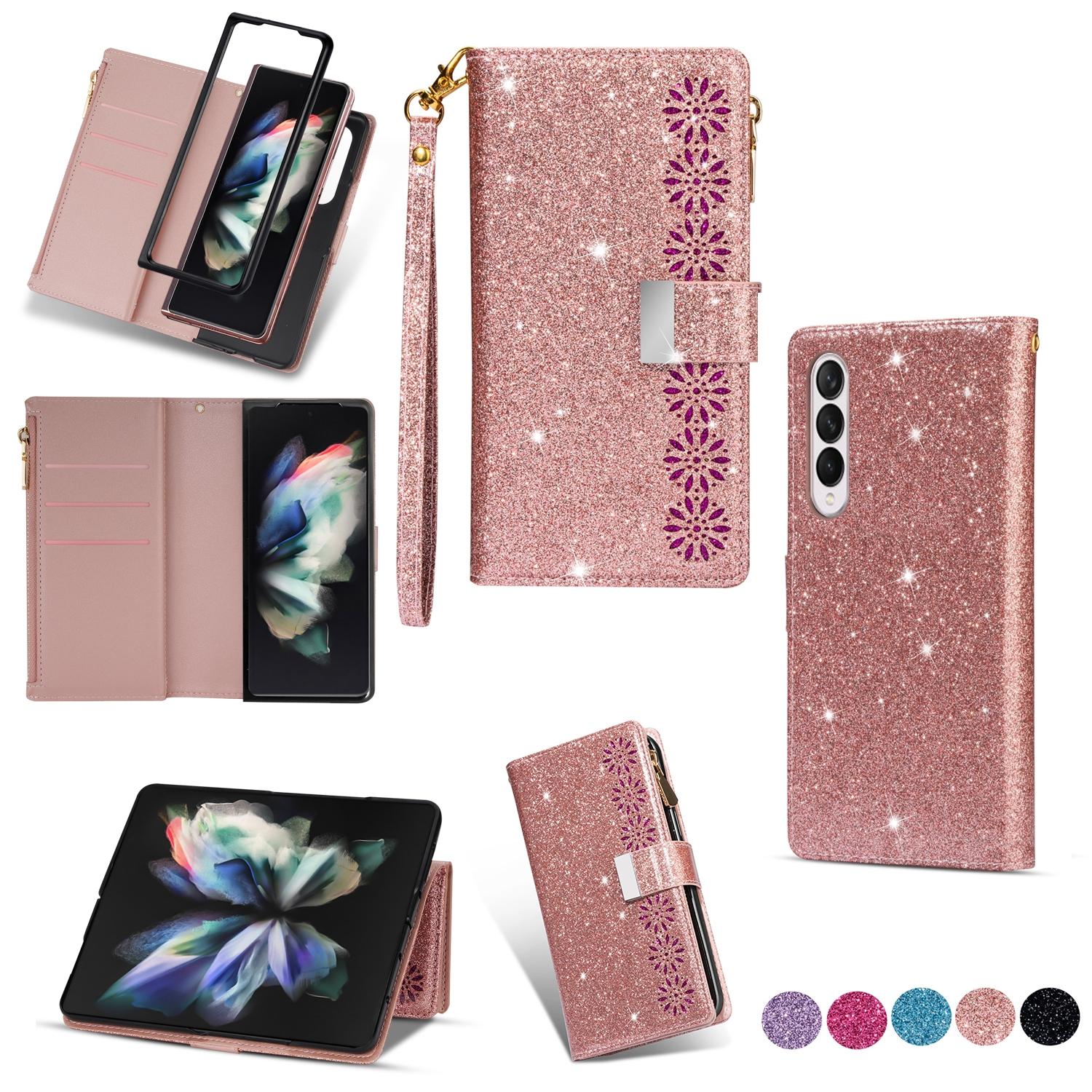 For Samsung Galaxy Z Fold4 5G Sparkling Leather Zip Case - Zipper Closure - Sky Blue 12