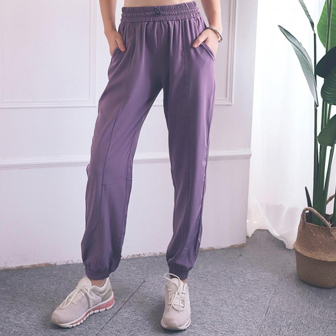 High Waist Drawstring Yoga Pants Black Size S - Smoke Purple