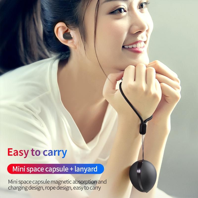 Wireless Bluetooth Earphones - Space Capsule Shape with Magnetic Charging Box & Lanyard - Black 11