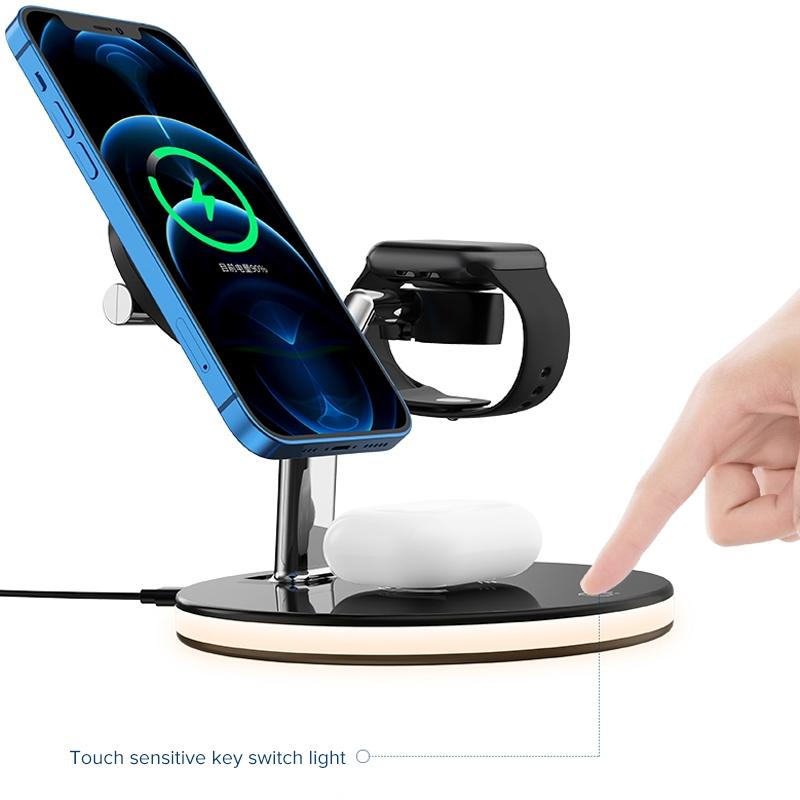 15W 3 In 1 Magnetic Wireless Charger For Phones Watches And Airpods With Led Light - Black 15