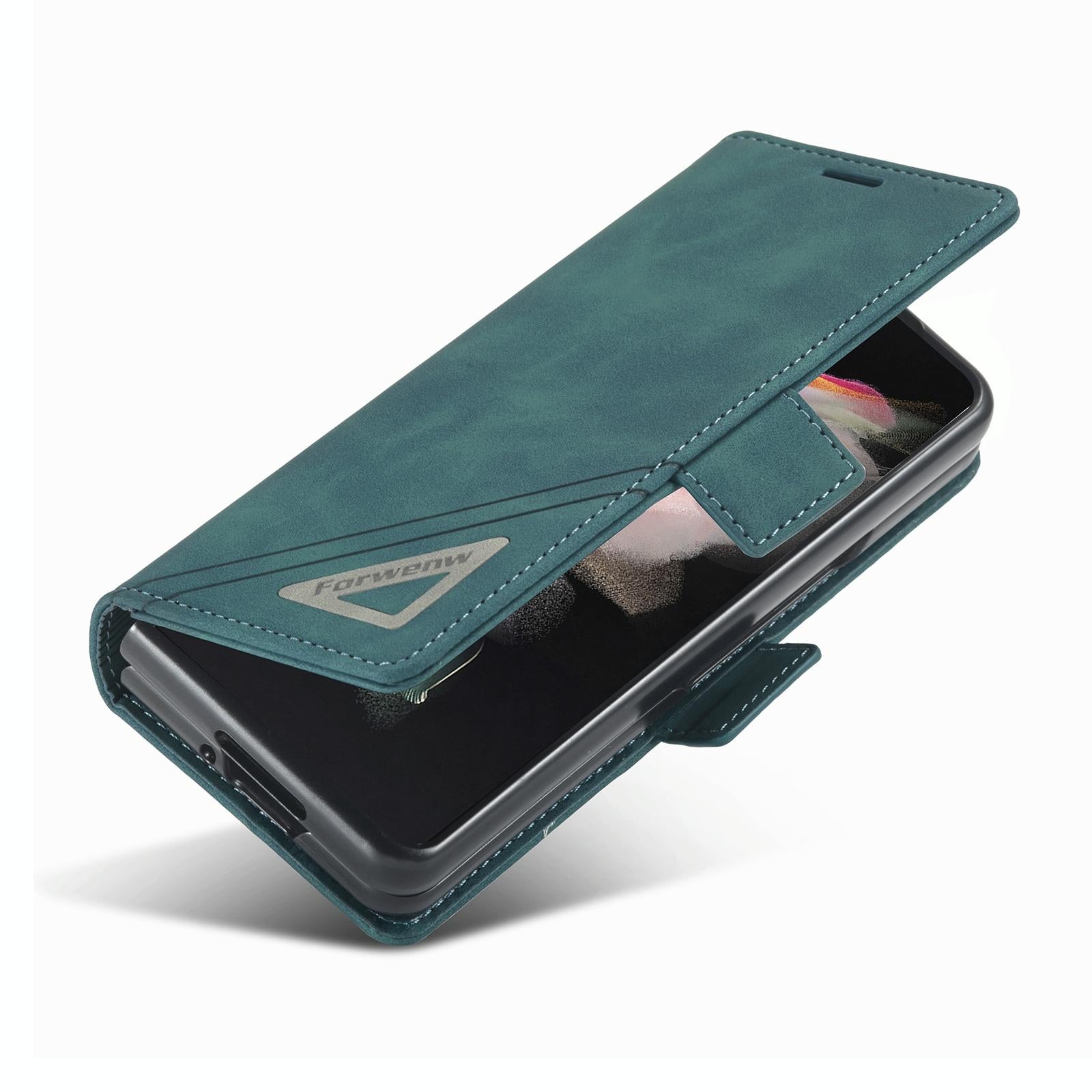 For Samsung Galaxy Z Fold4 5G Leather Dual Side Buckle Phone Cover - Dark Cyan 12