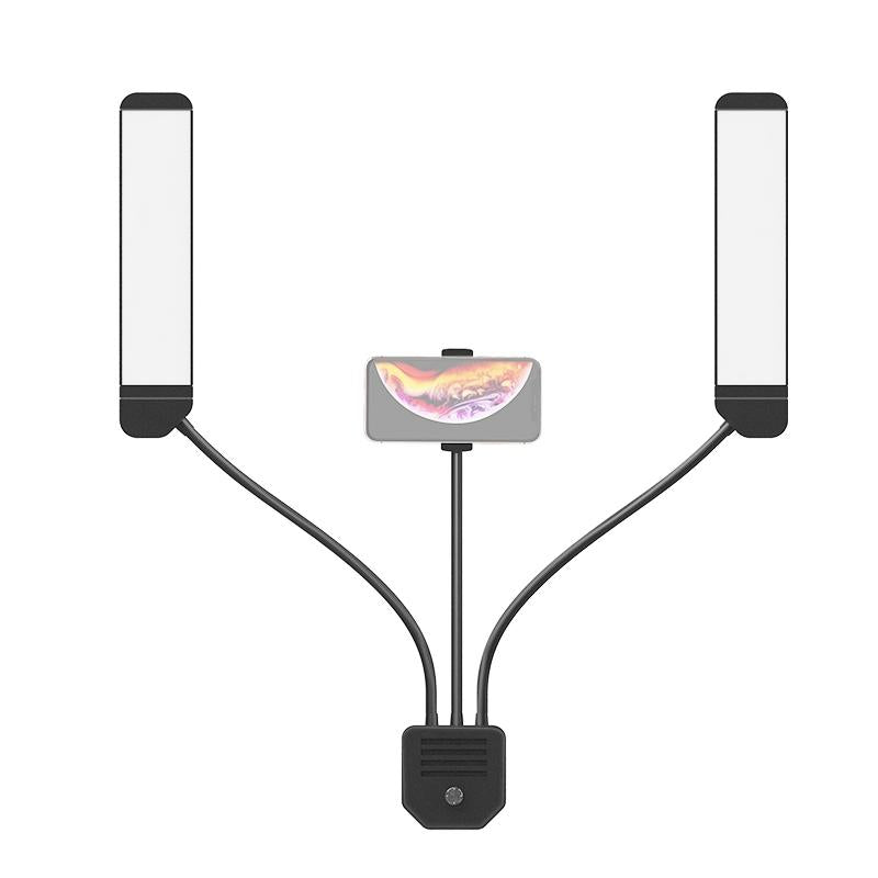 Portable Double Arm Fill Light with Phone Clip - Adjustable Brightness Black 3
